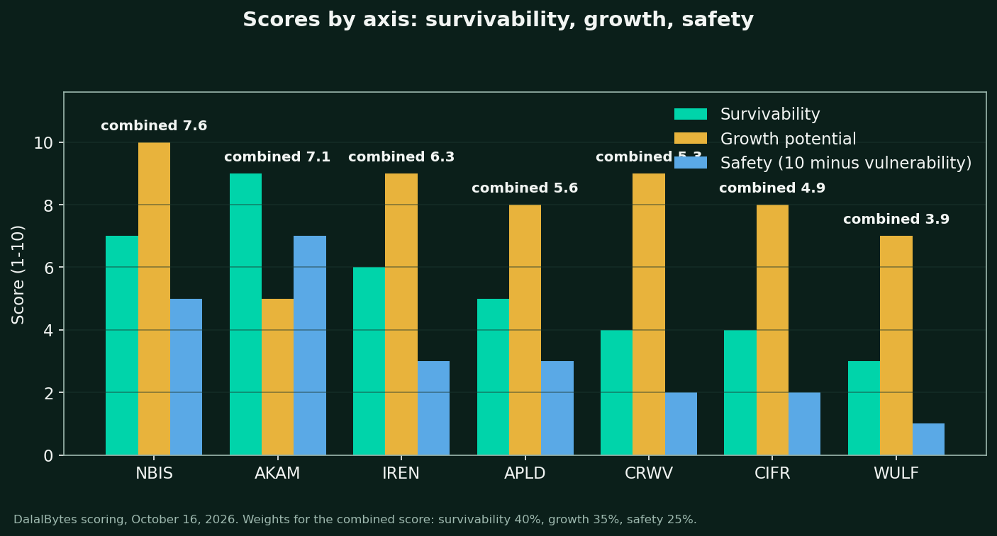 Grouped bar chart of survivability, growth and safety scores for the seven companies with combined scores