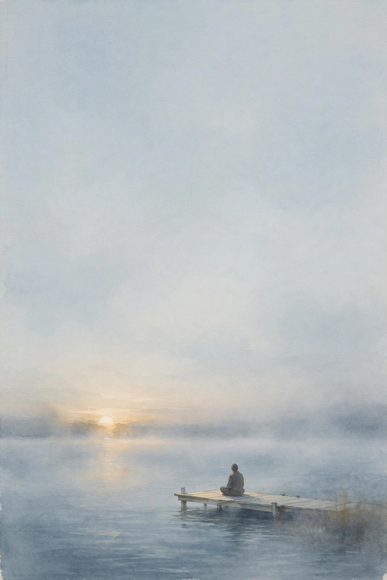 Cover art: a lone figure meditating on a dock at dawn