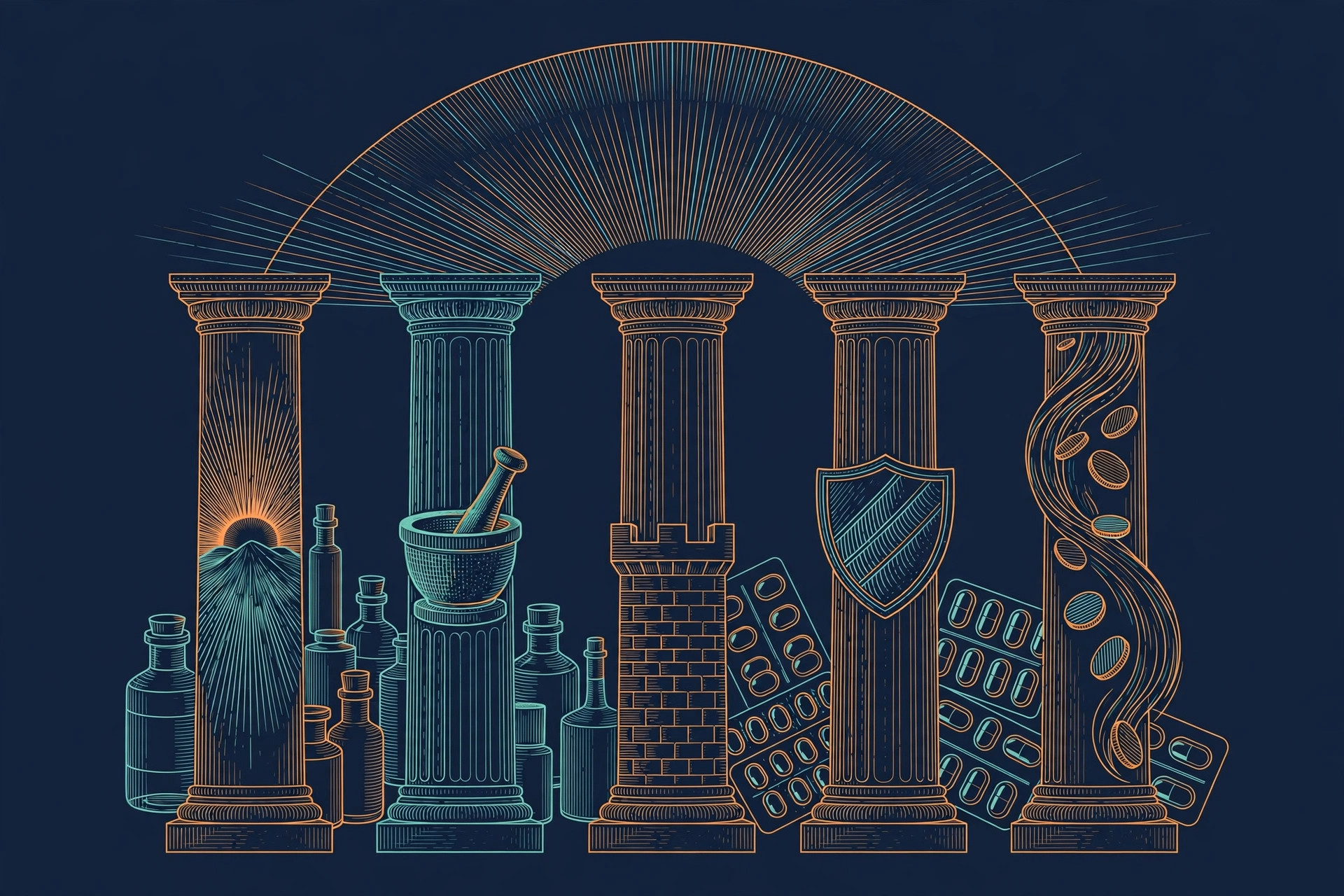 Five tall pillars carved with a sunrise, a mortar and pestle, a castle wall, a shield and flowing coins, medicine bottles and blister strips behind them under a sunrise arc, orange and teal line art on dark navy