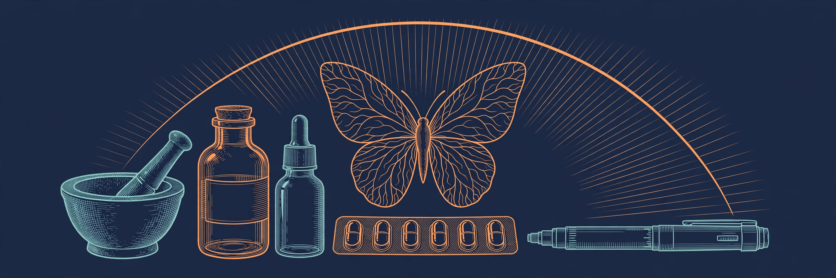 Medicine bottles and blister strips, a butterfly motif for the thyroid, an insulin pen and a mortar and pestle under a sunrise arc, orange and teal line art on dark navy