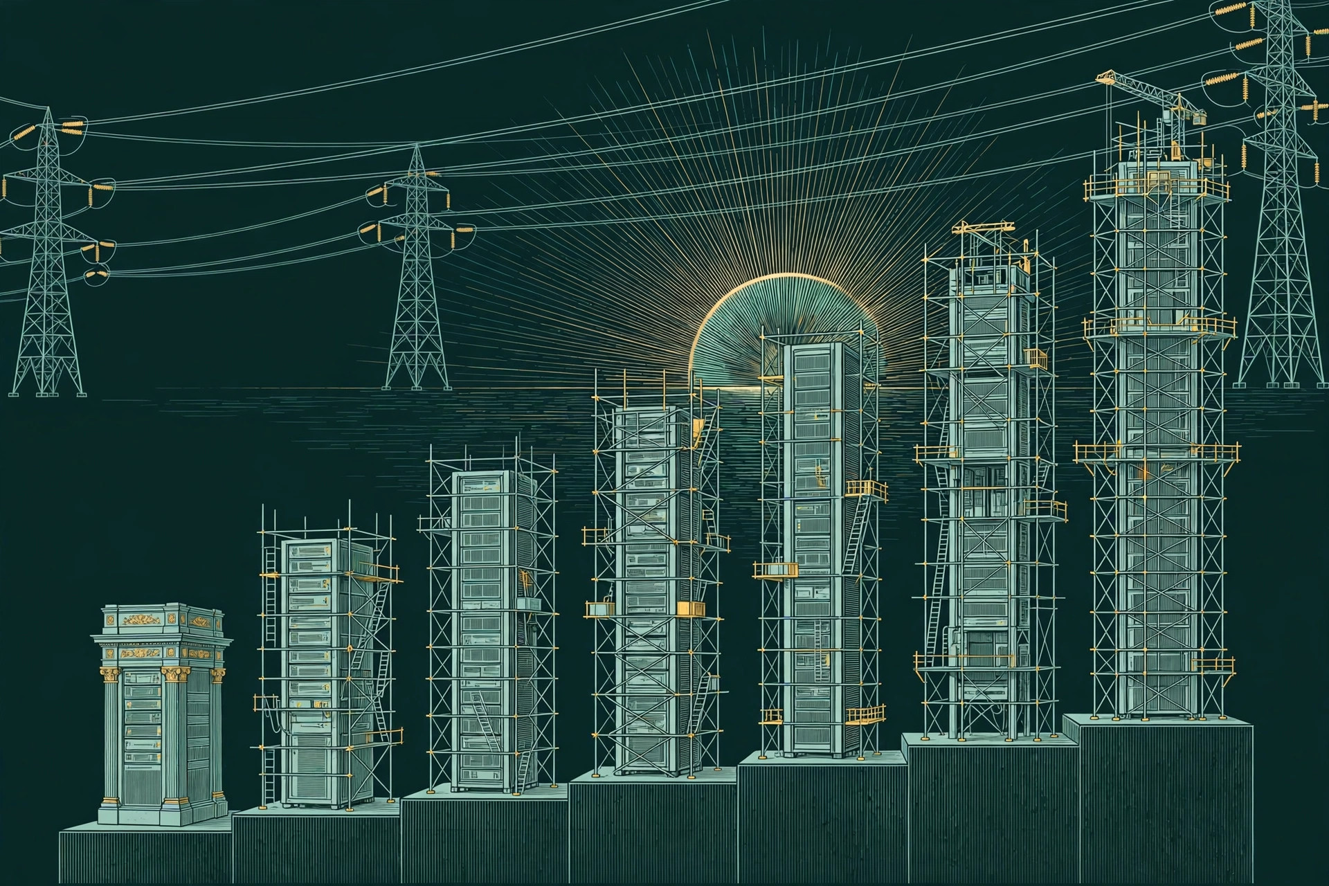 Seven server towers of different heights on a ranking podium with power lines and a rising sun behind, teal line art on deep green