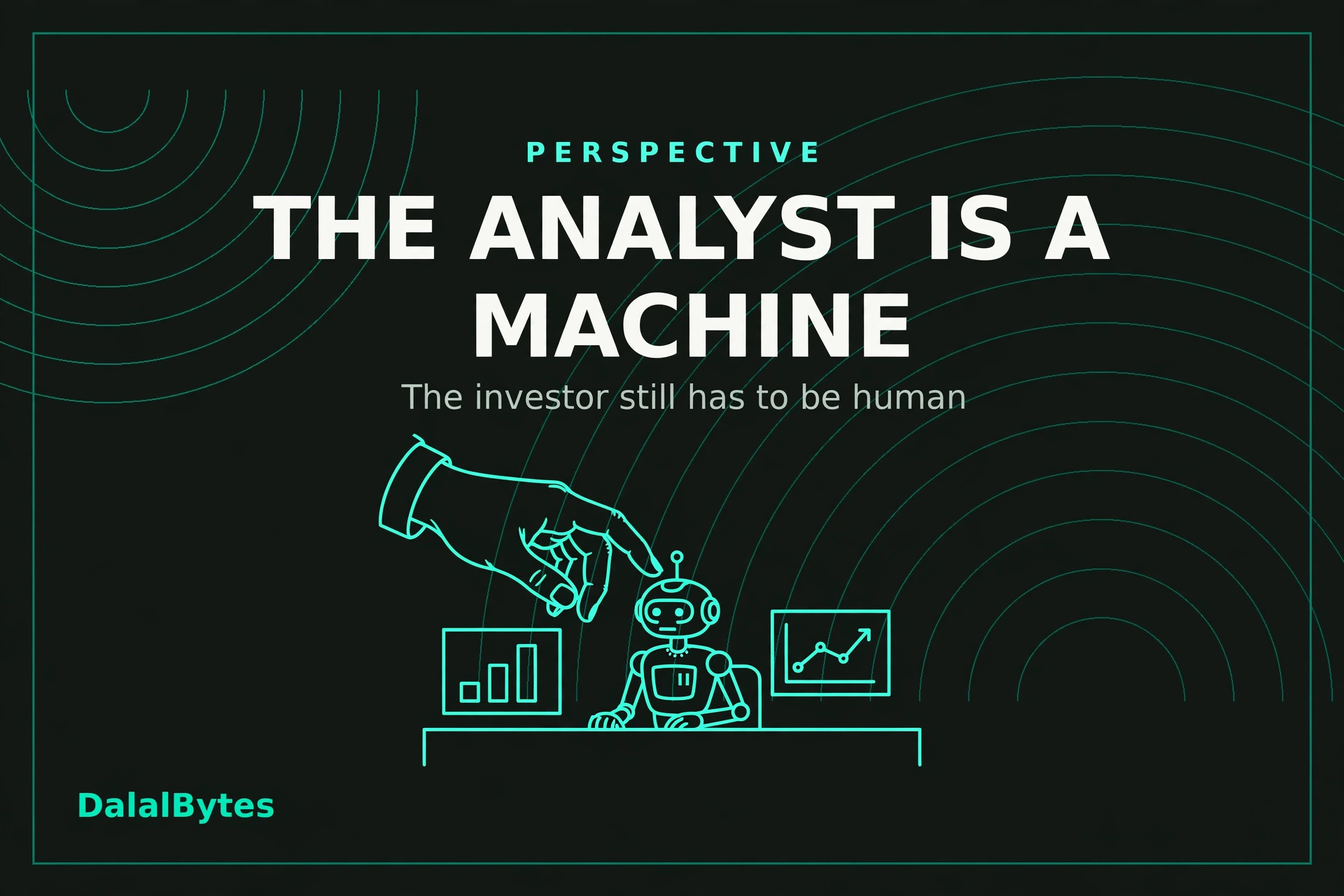 A human hand guiding a teal line-art machine analyst at a desk, on dark charcoal