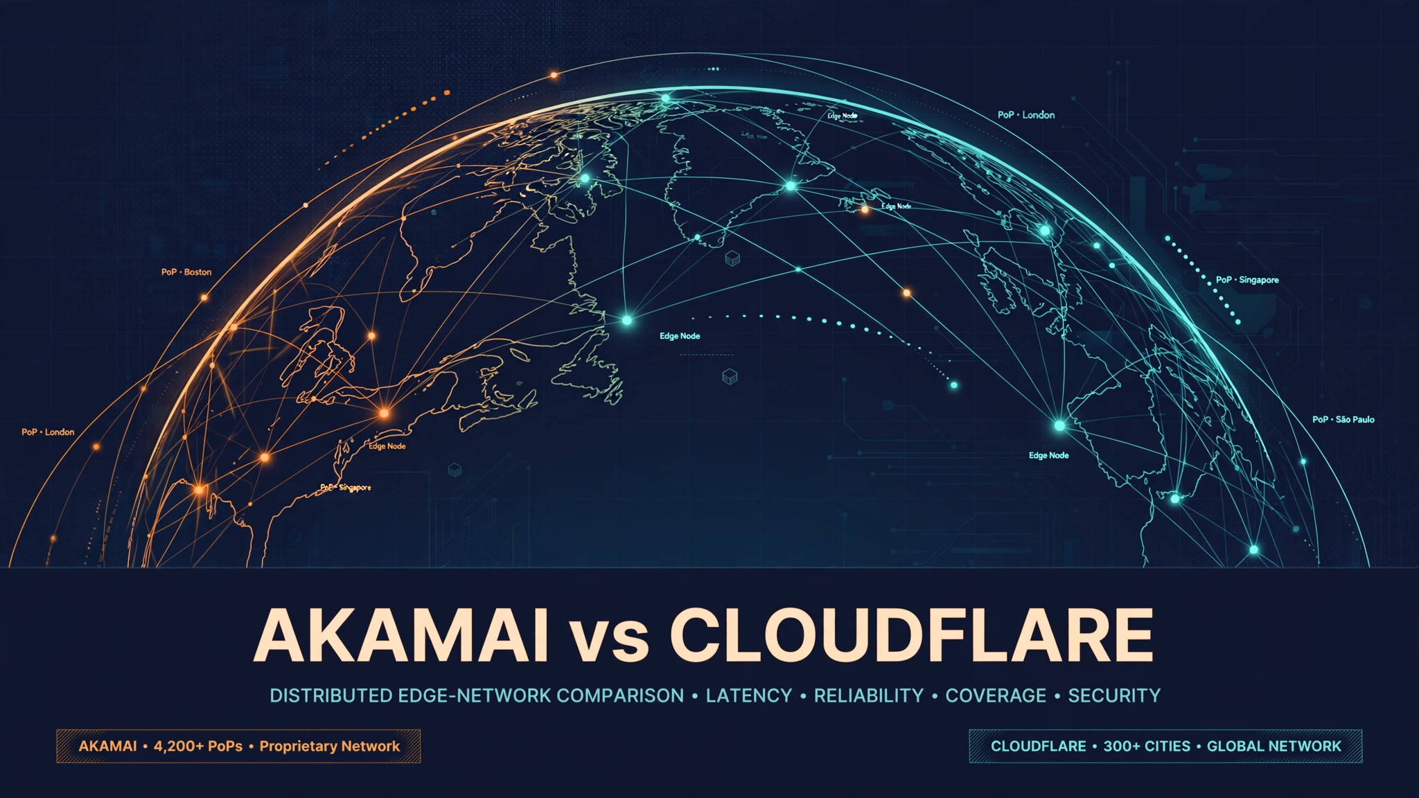 Navy cover graphic with orange and teal linework: a distributed edge-network diagram of nodes and connecting lines across a globe-like arc, behind the words Akamai vs Cloudflare