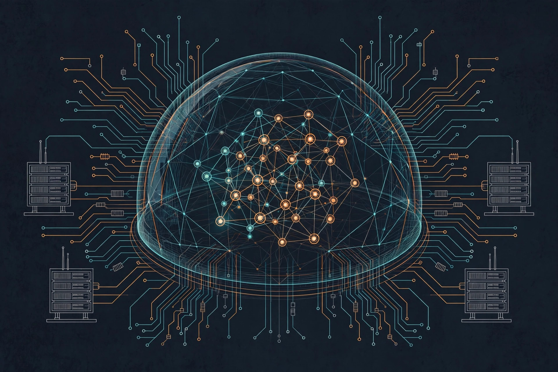 A translucent containment dome enclosing glowing network nodes, teal and orange line art on dark navy