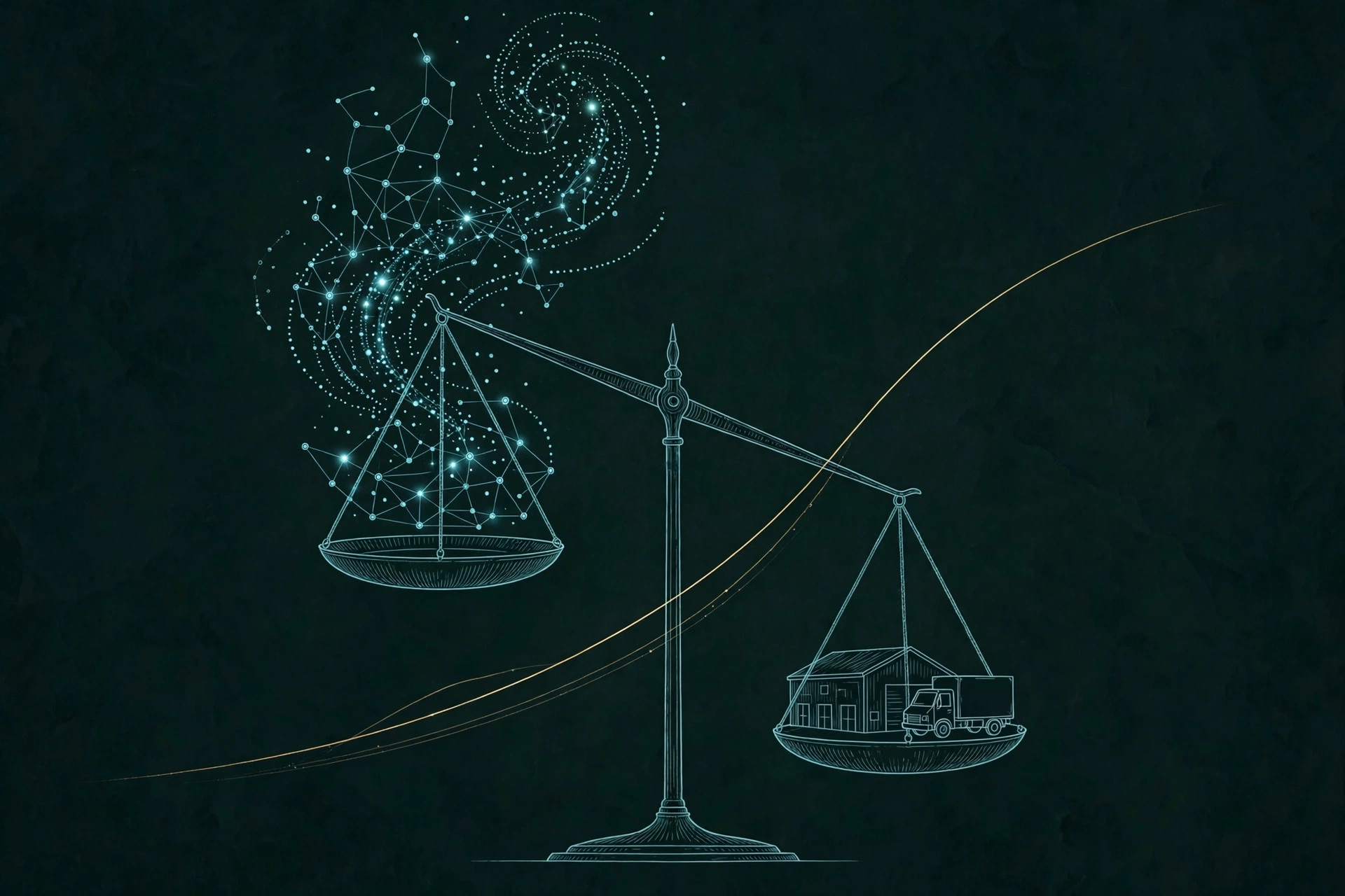 A balance scale in fine teal line-art on a dark background, a glowing constellation of connected nodes rising from one pan and outweighing a warehouse and delivery truck on the other, a single gold line curving upward behind