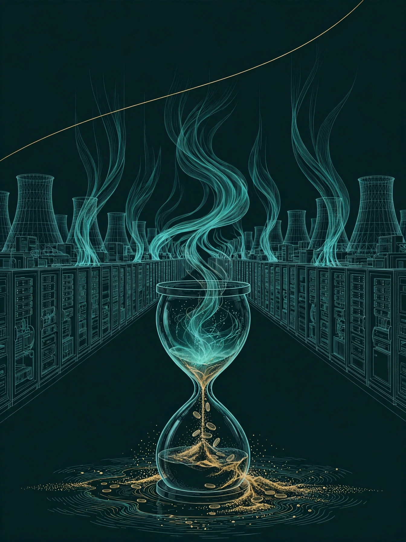 A data center hall in fine teal line-art on a dark background with cooling towers behind, an hourglass in the foreground draining gold coins into a dark reservoir while teal light rises from the racks, a single gold line arcing upward across the top