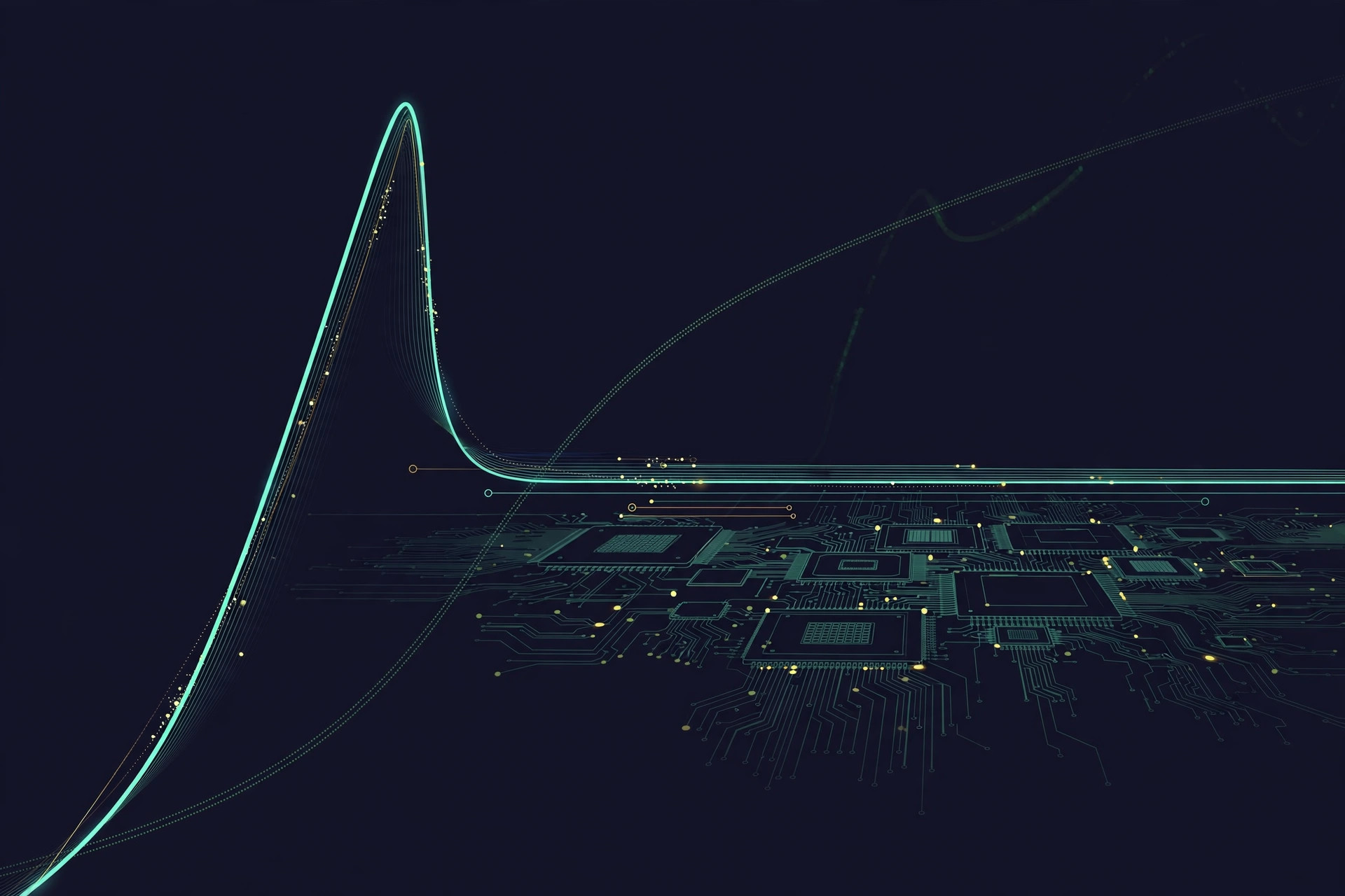 A teal trajectory line rockets up then flattens into a long plateau over chip line-art, a fainter line still climbing behind it