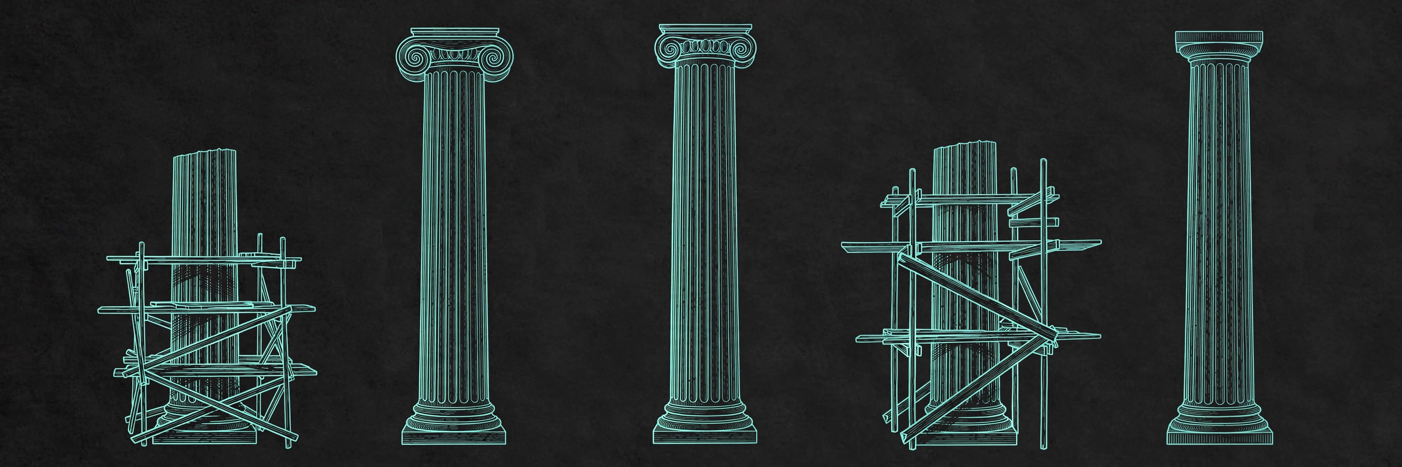 Five teal line-art pillars, three standing strong and two half-built, on dark charcoal, for the AMD five-pillar analysis