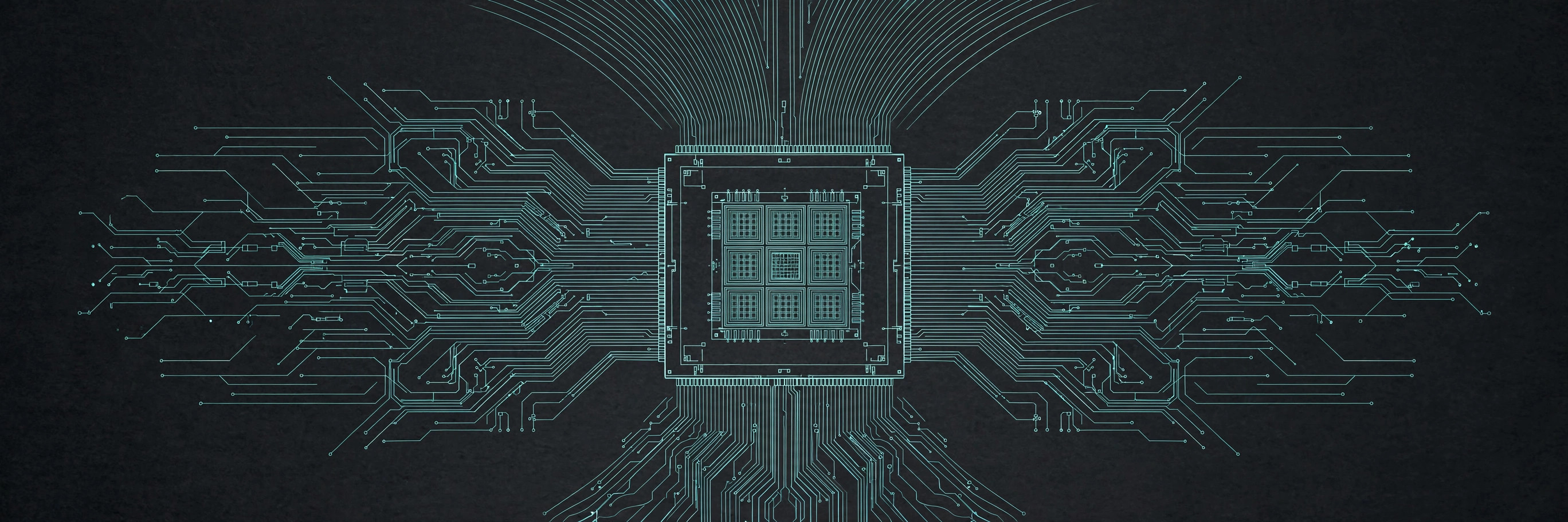 Teal line-art semiconductor processor chip die with circuit traces on dark charcoal, for the AMD investment report