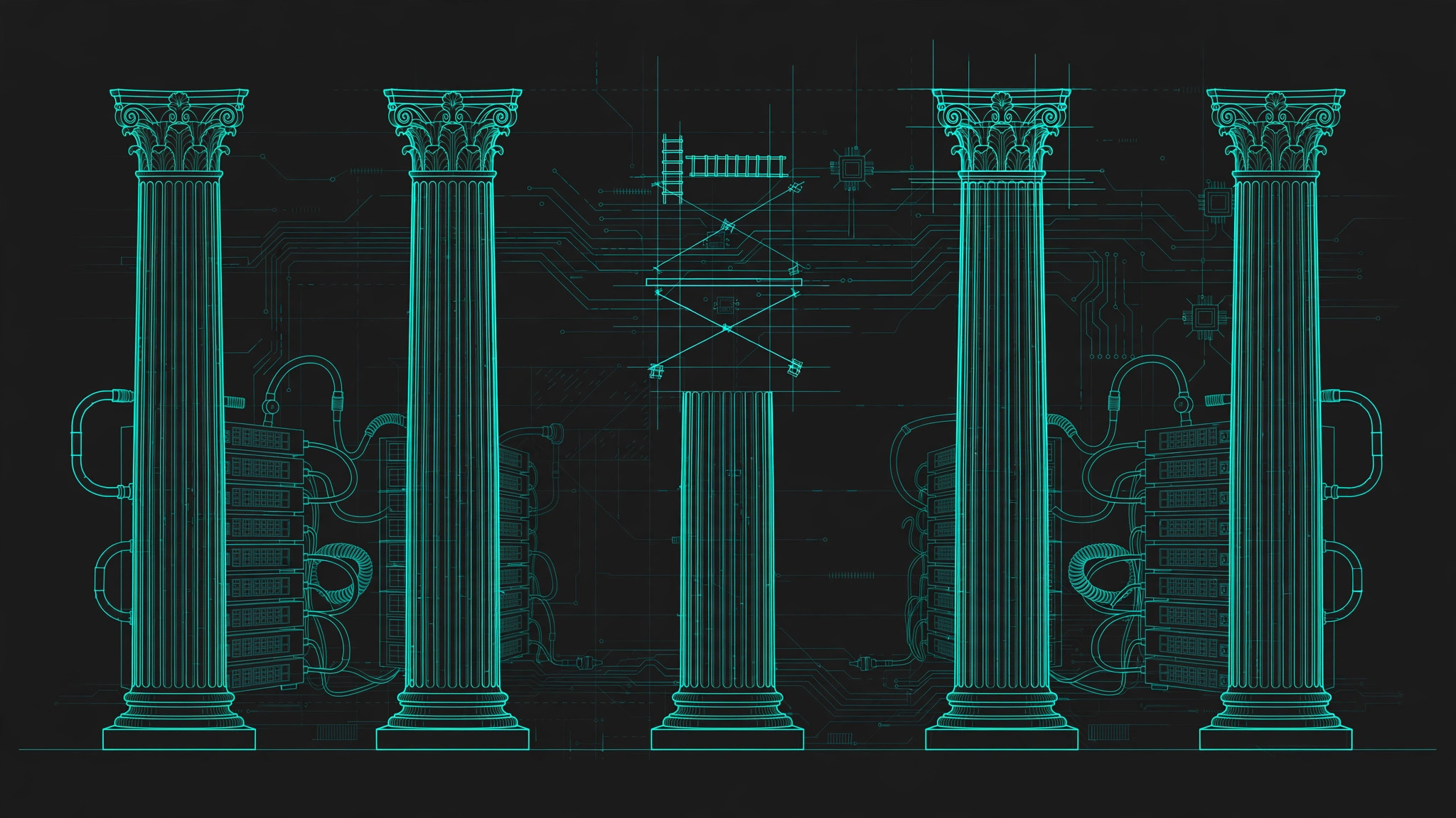 Five stone pillars in teal line art, the middle one half-built, with data-center linework behind