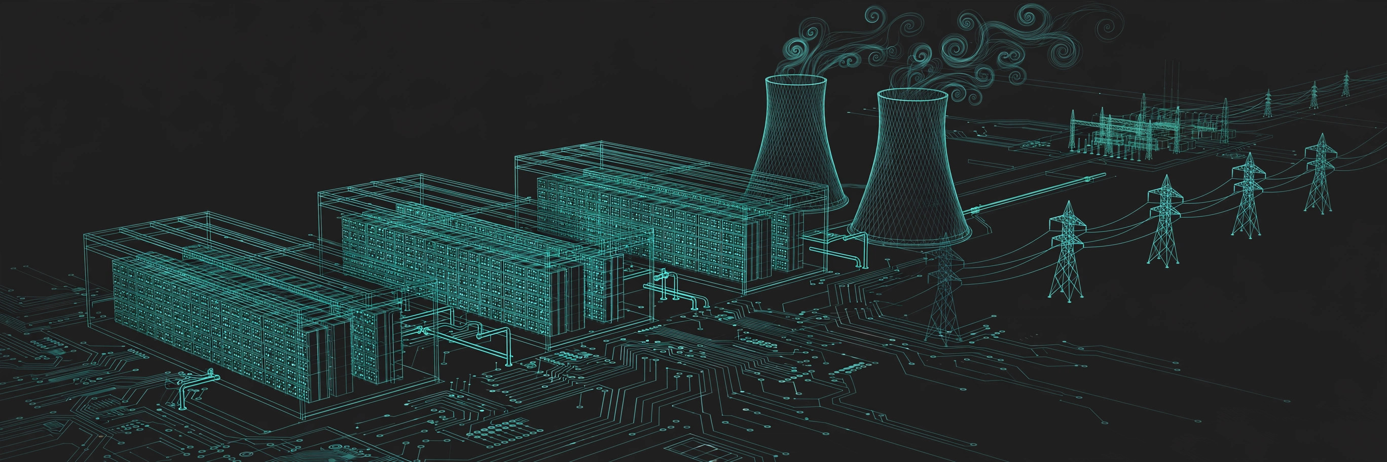 Hyperscale data center campus at night under a teal circuit-grid sky, on dark charcoal, teal line art