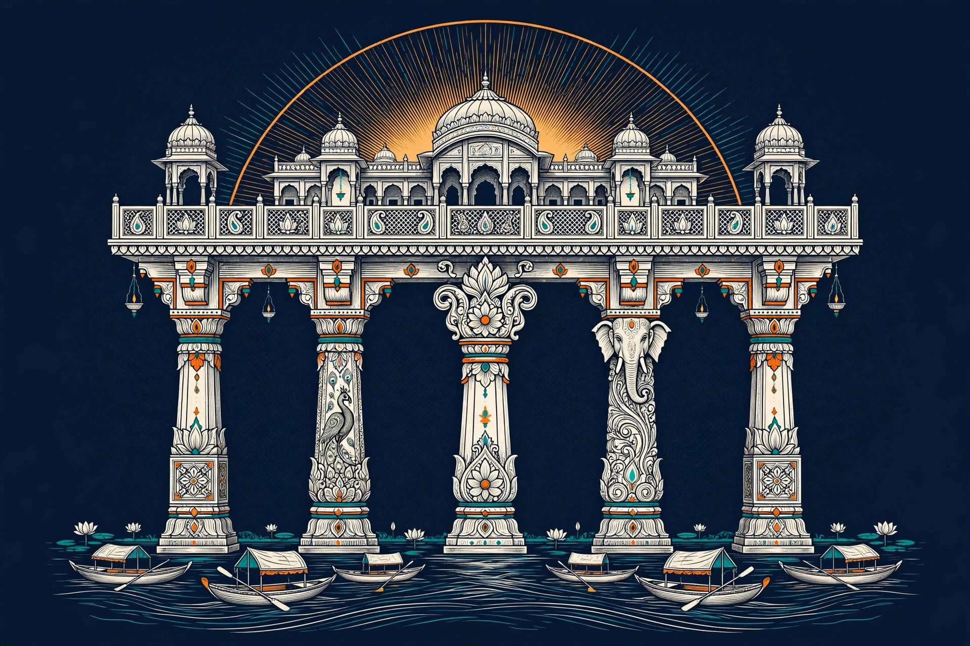 Five ornate Indian temple pillars holding a palace terrace under a sunrise arc, boats on the Ganges below, orange and teal line art on dark navy