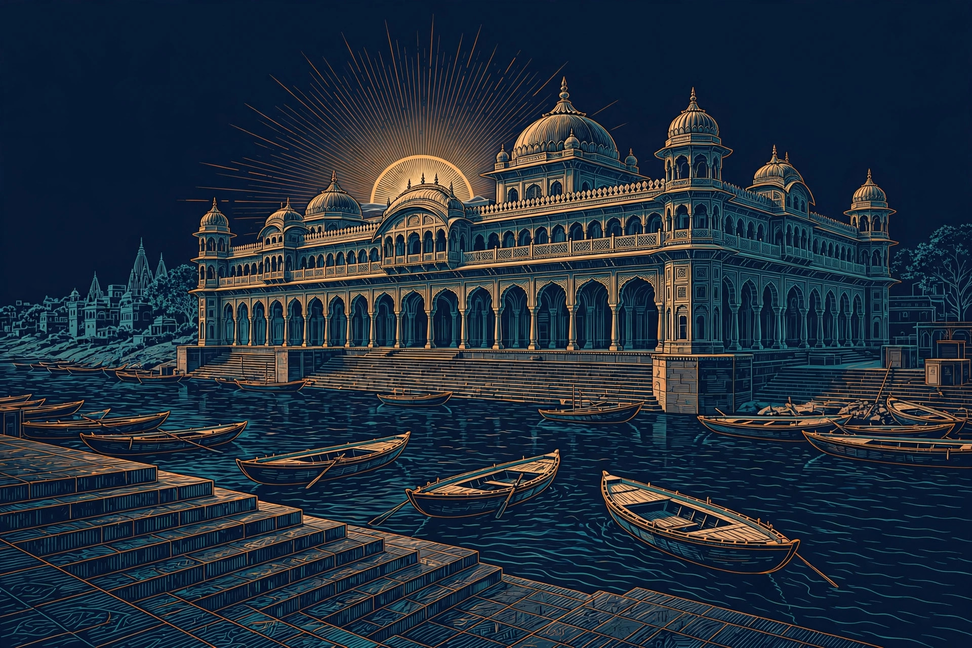 Grand Indian palace hotel facade with domes on the banks of the Ganges, boats on the water, sunrise, orange and teal line art on dark navy