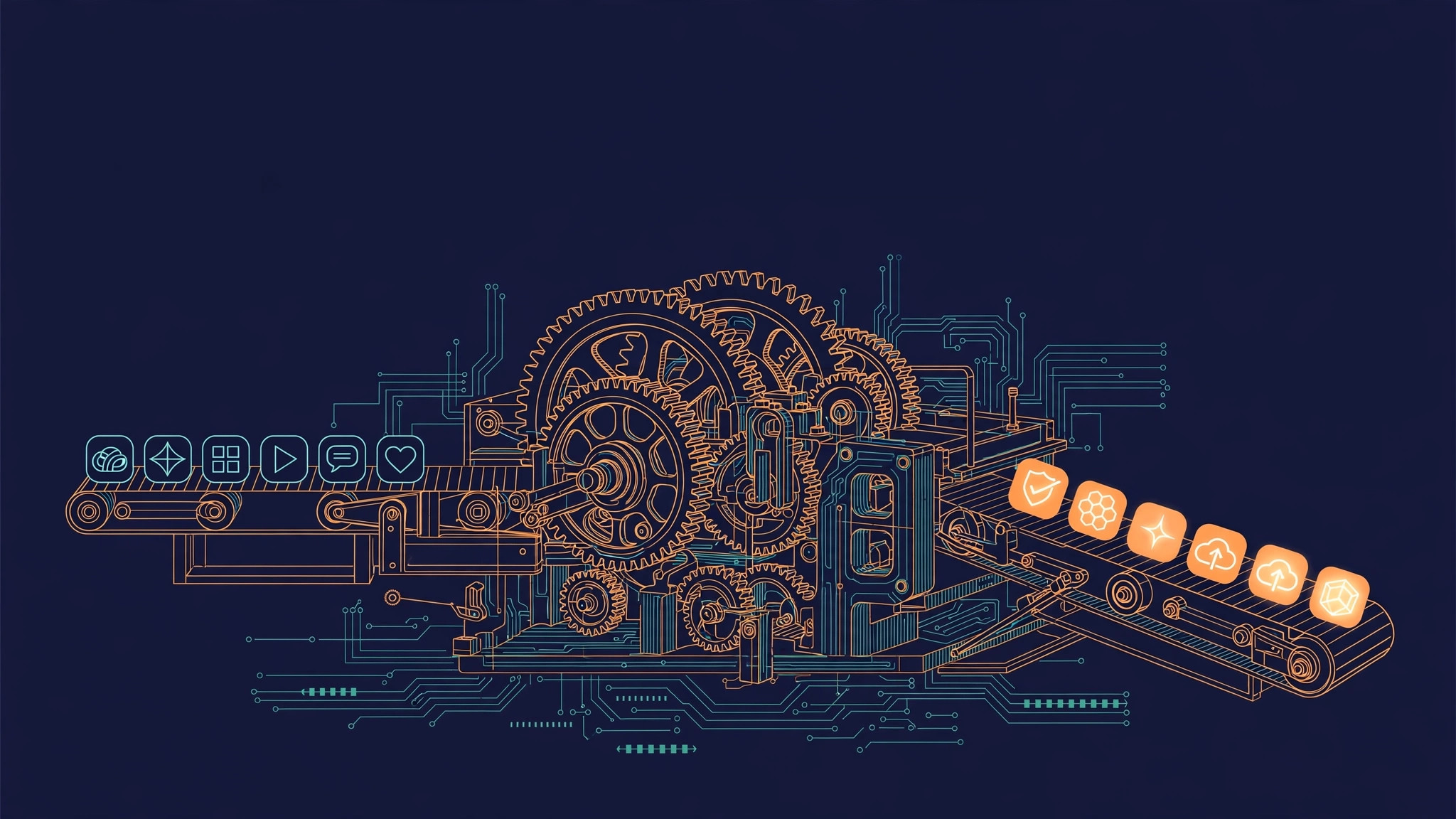 Teal and orange line-art of a machine with gears assembling app icons on a conveyor, the acquisition-machine motif, on dark navy