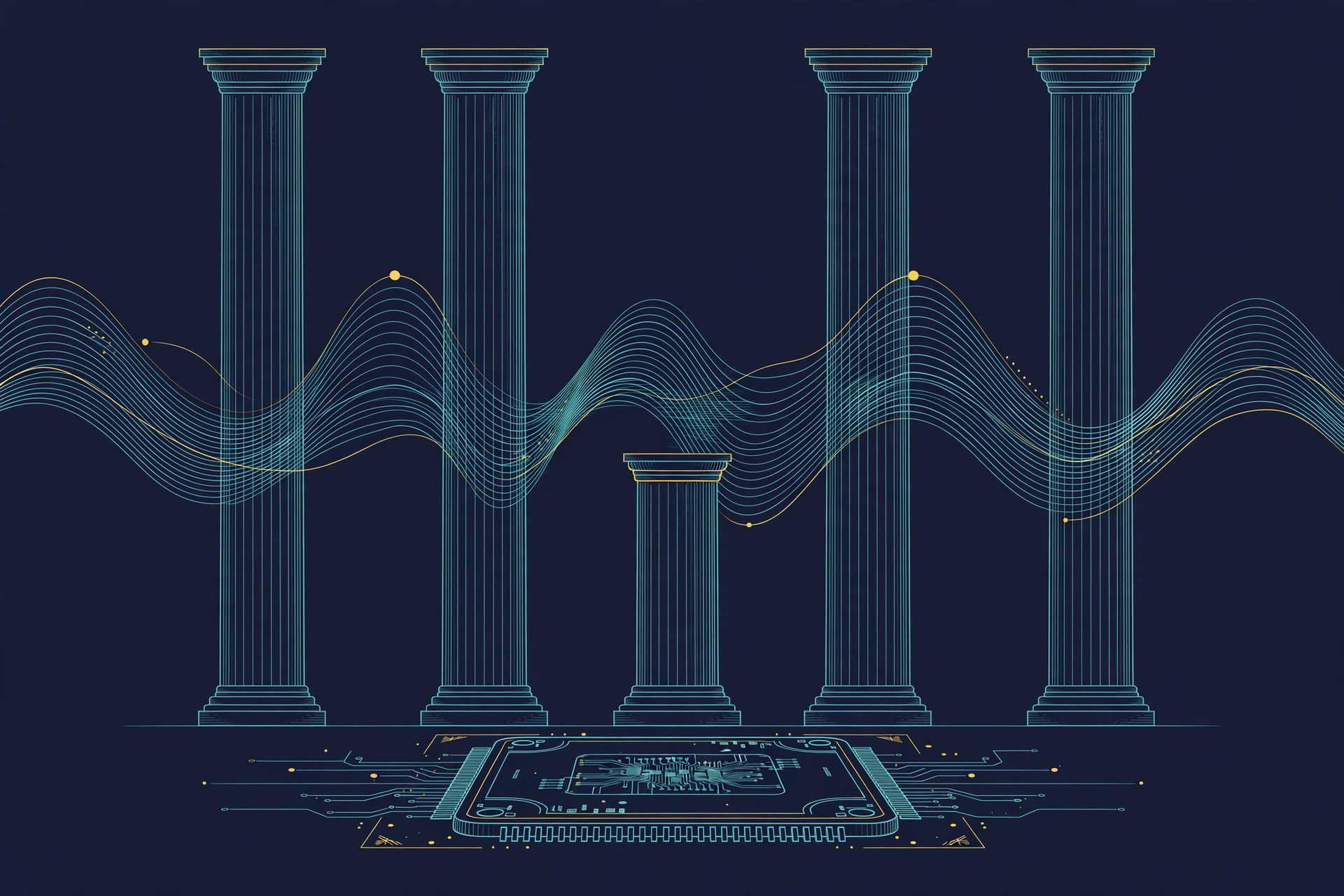 Five pillars with ultrasound waves flowing between them over a chip outline, teal line art on dark navy