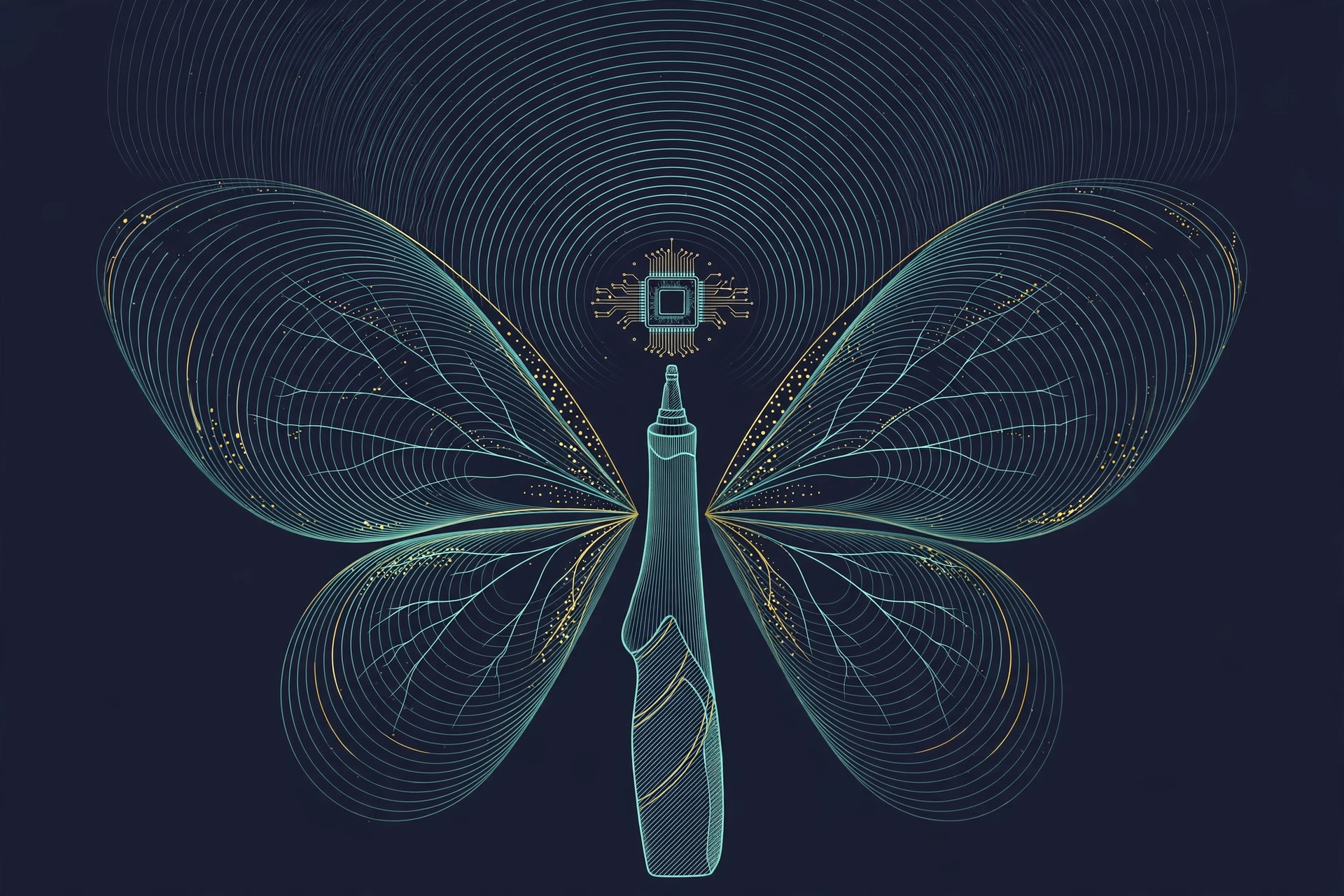 A handheld ultrasound probe and semiconductor chip with radiating imaging waves, teal line art on dark navy