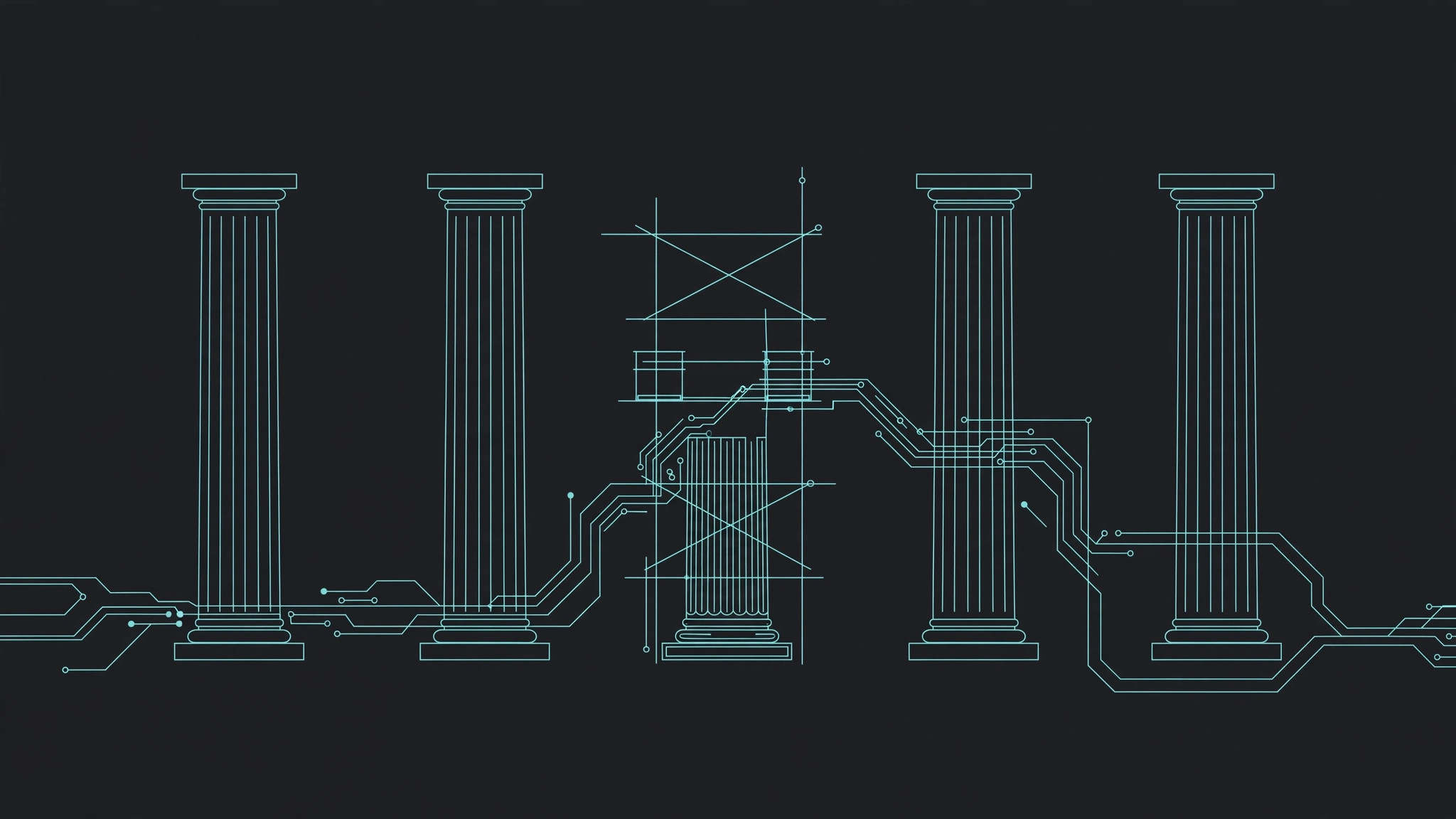 Five stone pillars, four standing and one half-built with scaffolding, teal line art