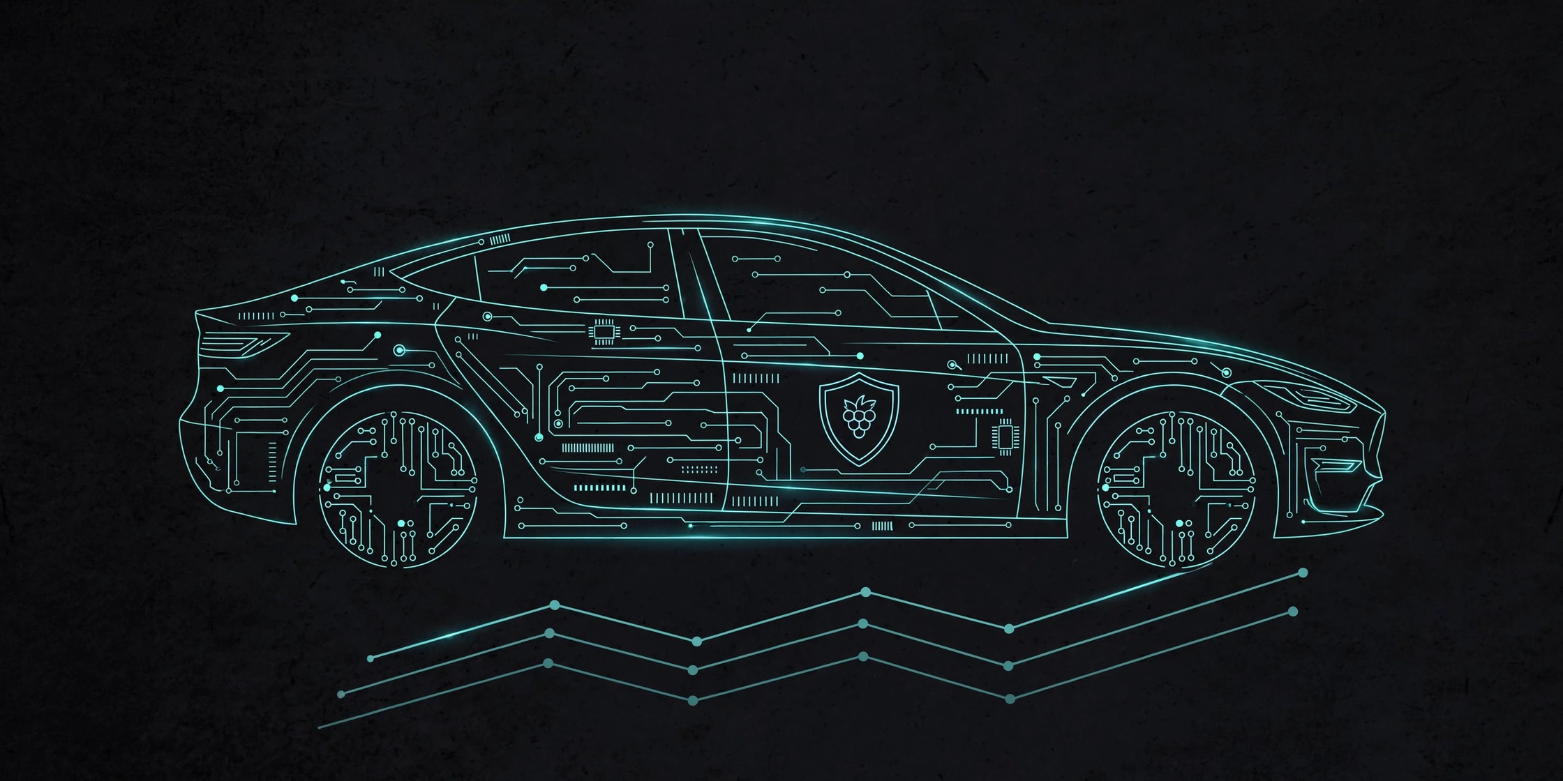 Car silhouette drawn in teal circuit traces with a shield emblem, on dark charcoal, teal line art