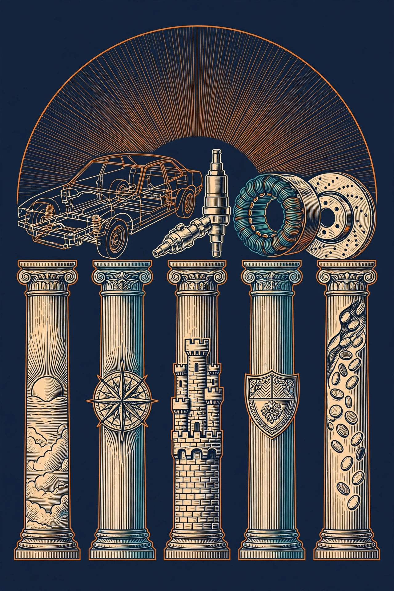 Five tall pillars carved with a sunrise, a compass, a castle wall, a shield and flowing coins, a car chassis, a fuel injector, an electric motor coil and a brake disc behind them under a sunrise arc, orange and teal line art on dark navy