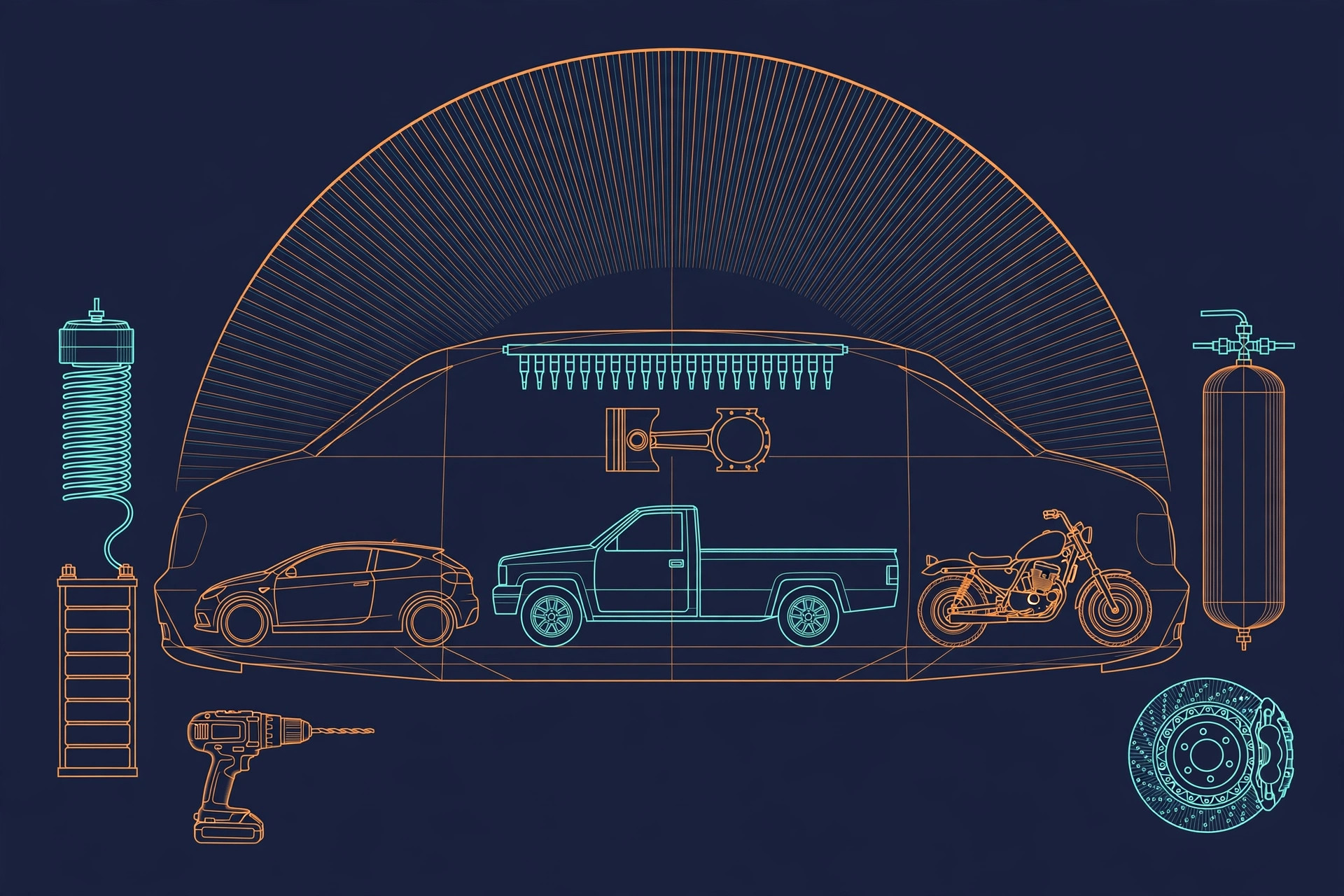 A car, a pickup truck and a motorcycle in profile inside one chassis outline, a fuel injection rail and piston above them, an electric motor coil, a battery pack, a hydrogen tank, a brake disc and a power drill around them under a sunrise arc, orange and teal line art on dark navy
