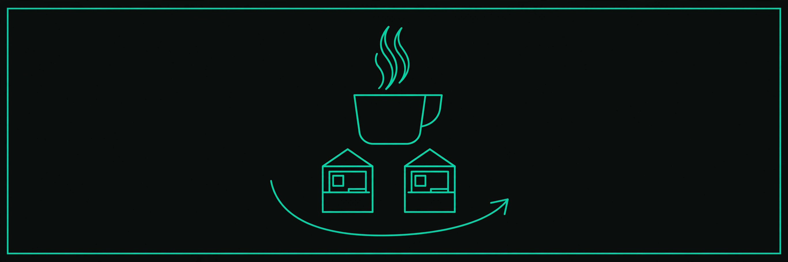 Teal line-art drive-through coffee stands with a steaming coffee cup on dark charcoal, for the Dutch Bros five-pillar analysis