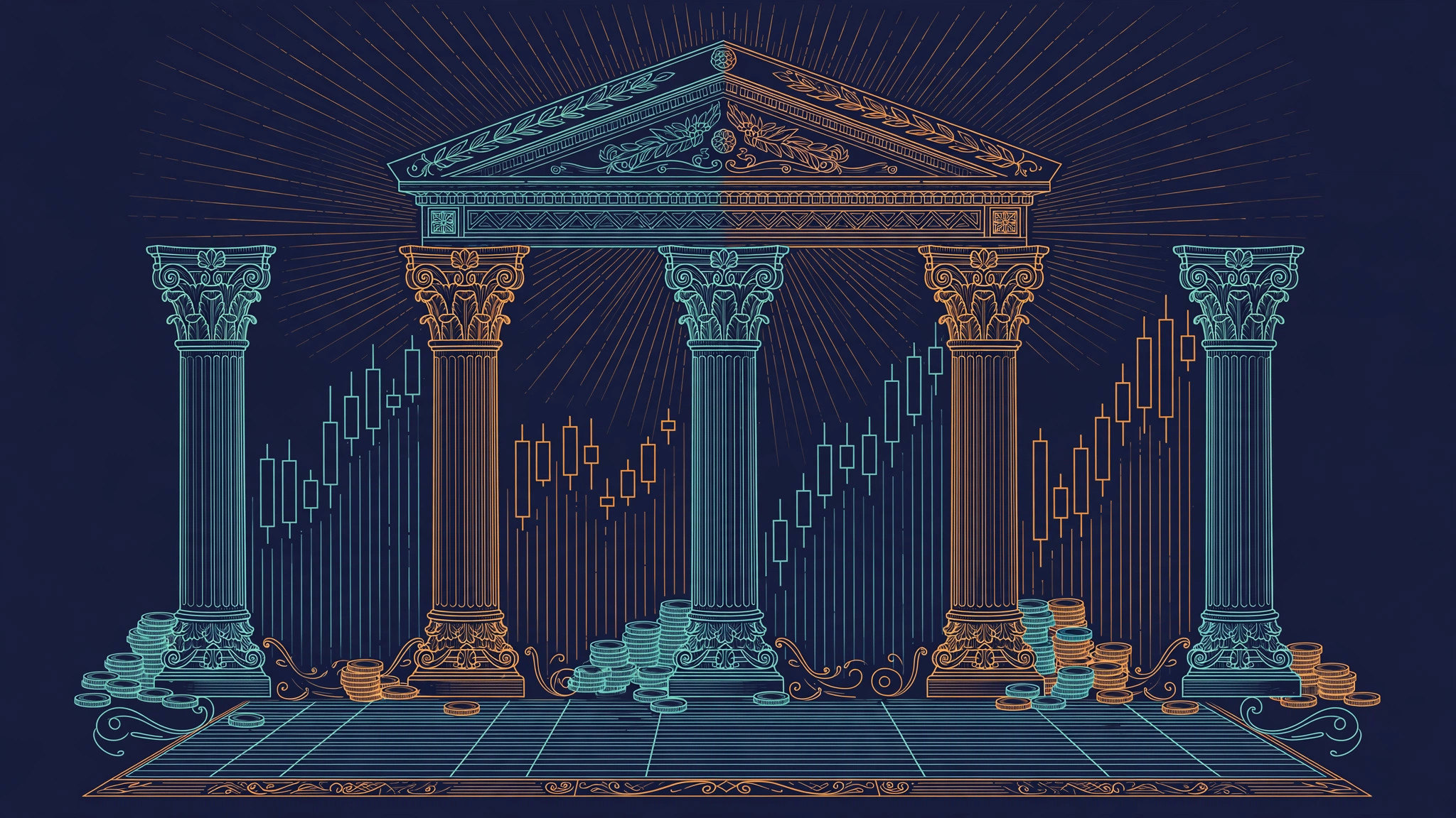 Five ornate stone pillars holding a temple pediment over a trading floor, candlesticks rising between them, coins below, orange and teal line art on dark navy