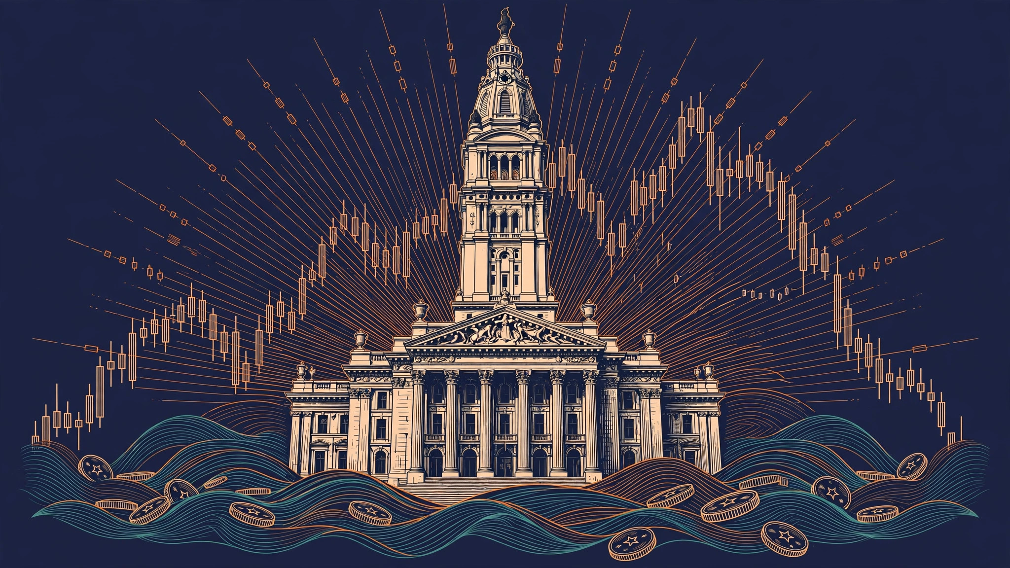 Historic stock-exchange building with clock tower, candlestick charts rising like a sunrise, coins and waves below, orange and teal line art on dark navy