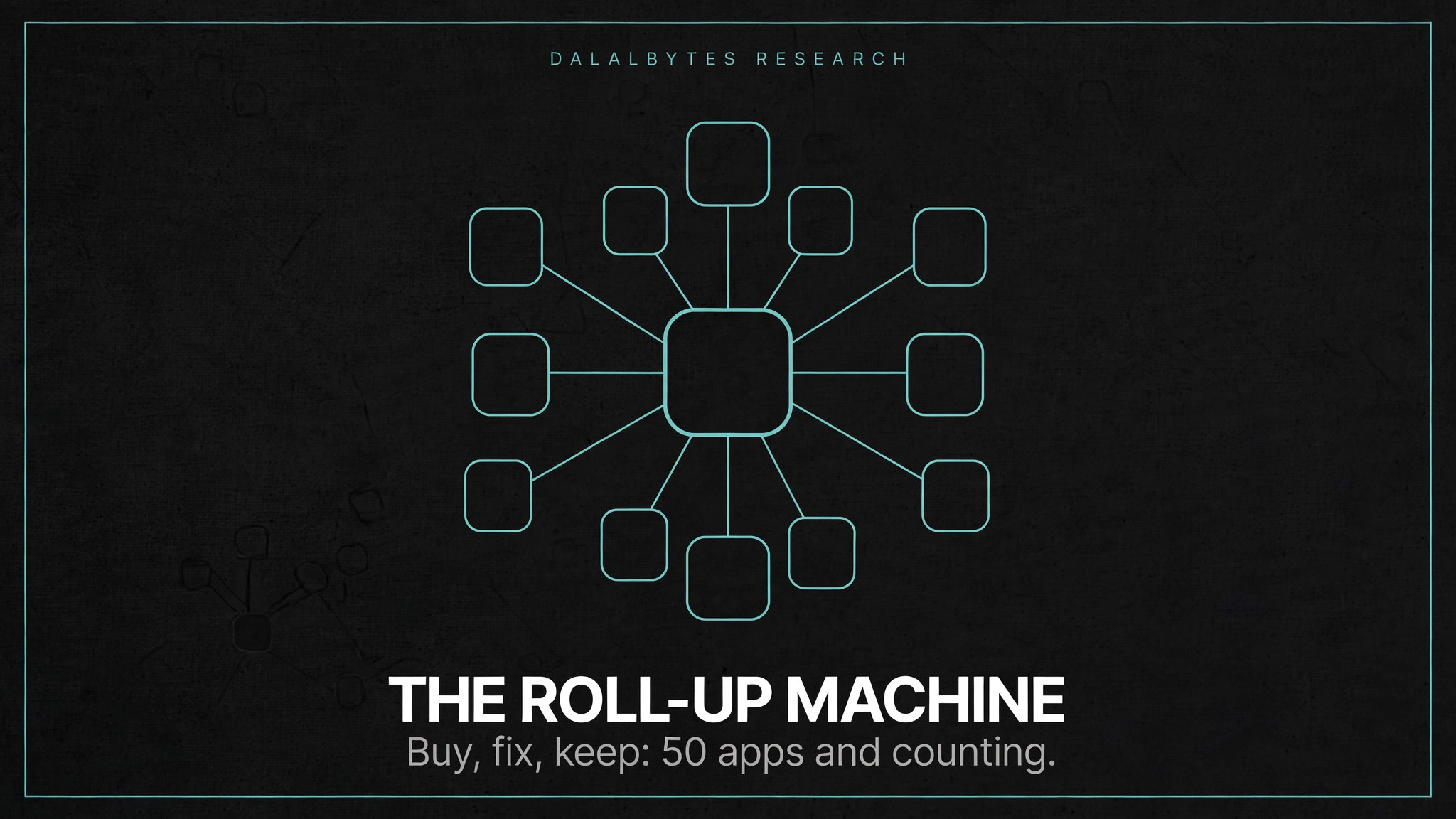 Teal line-art of app icons converging into a central square, a roll-up acquisition motif, on dark charcoal, for the Bending Spoons five-pillar analysis