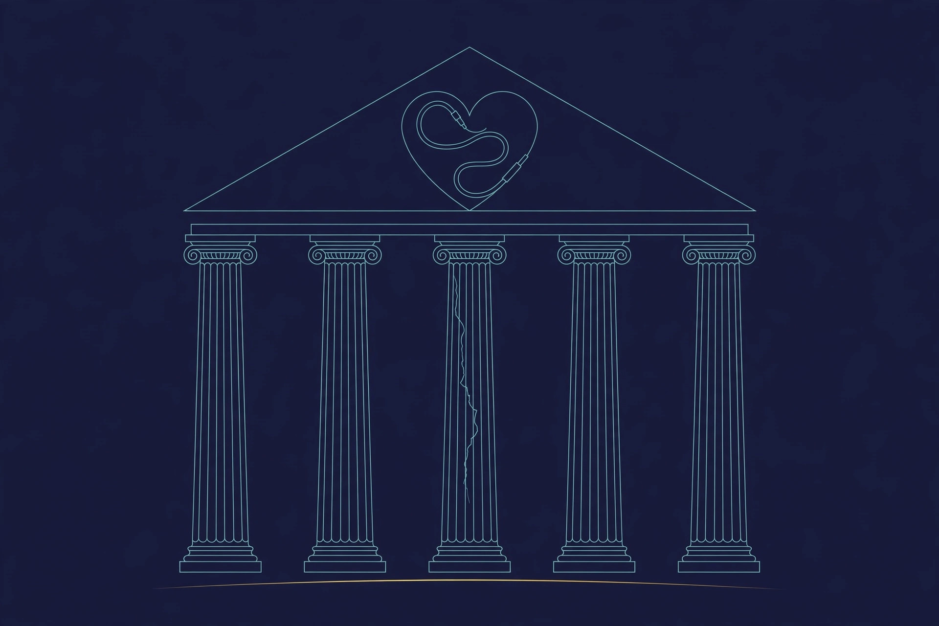 Five classical pillars under a pediment with a heart and catheter motif, the middle pillar finely cracked, teal line art on dark navy