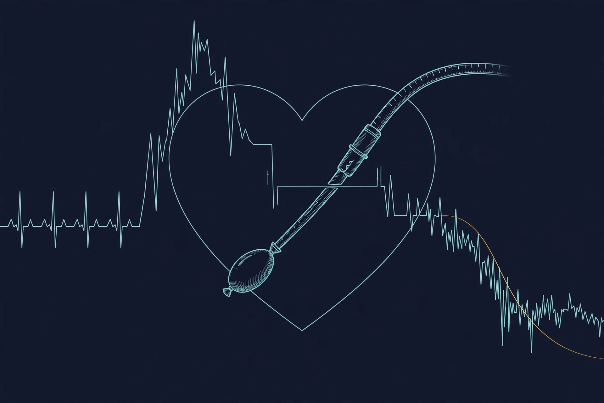 A cardiac catheter crossing a heart outline with an ECG waveform that rises then falls by half, teal line art on dark navy