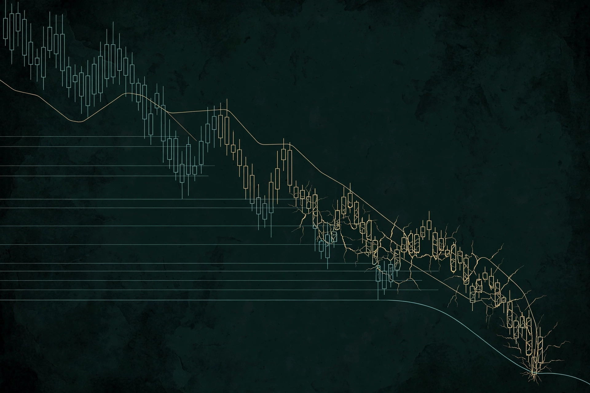 Fine teal and gold line-art candlesticks on a dark background descending from upper left to lower right and cracking like dry earth as they fall, thin horizontal support lines beneath them bending under the weight