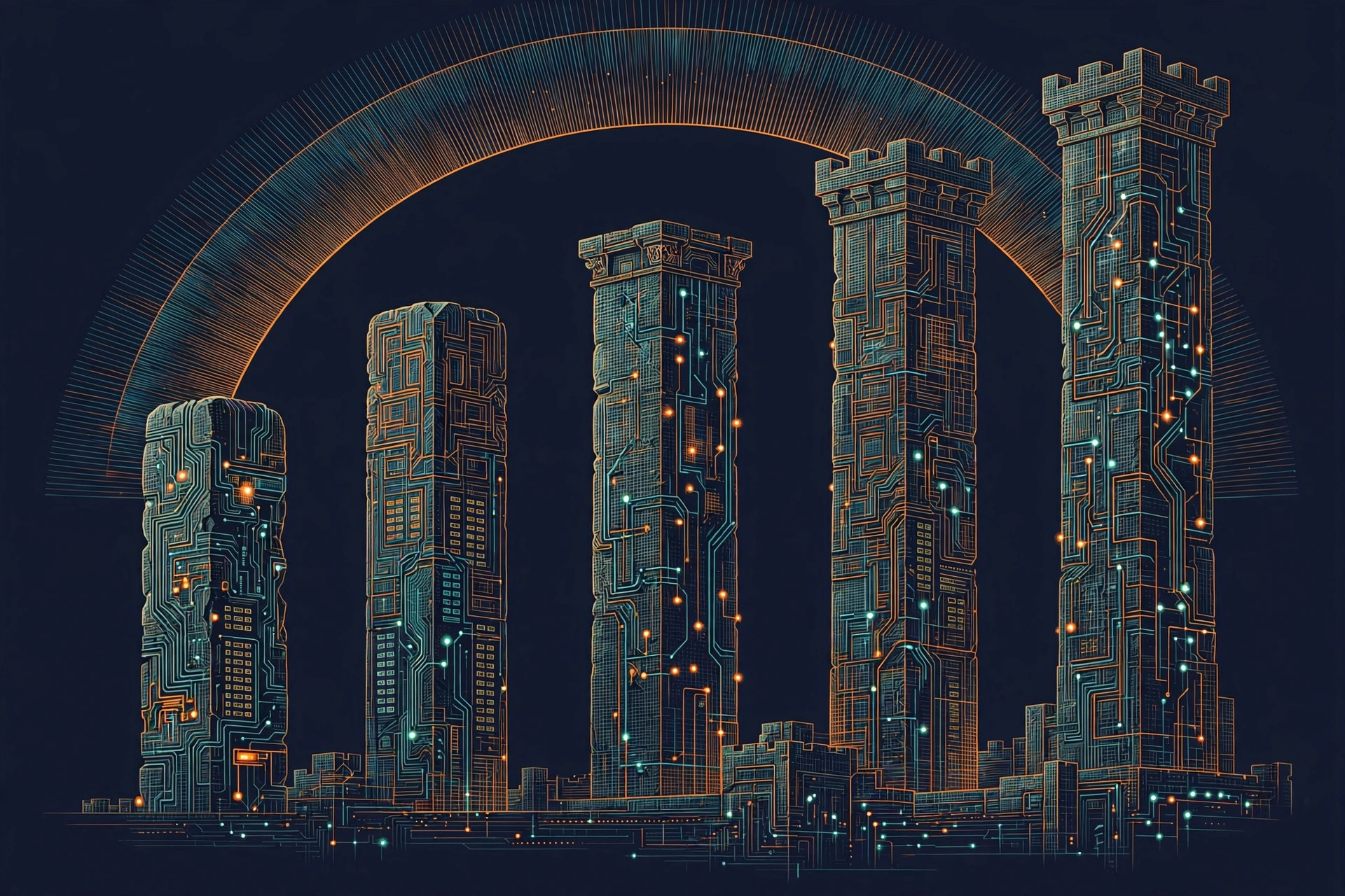 Five pillars of increasing height under a sunrise arc, teal and orange circuit-etched line art on dark navy