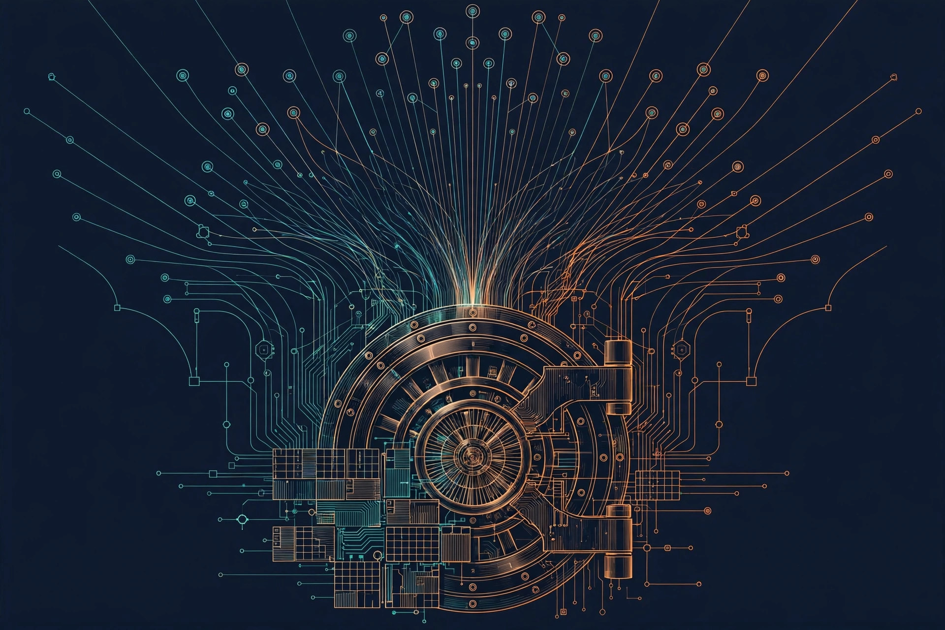 Bank vault door merged with a digital securities ledger, teal and orange line art on dark navy, account nodes rising like a sunrise