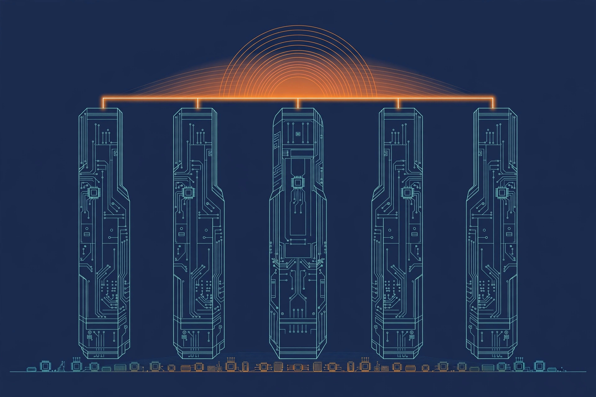 Five circuit-etched pillars under a sunrise arc, orange and teal line art on dark navy