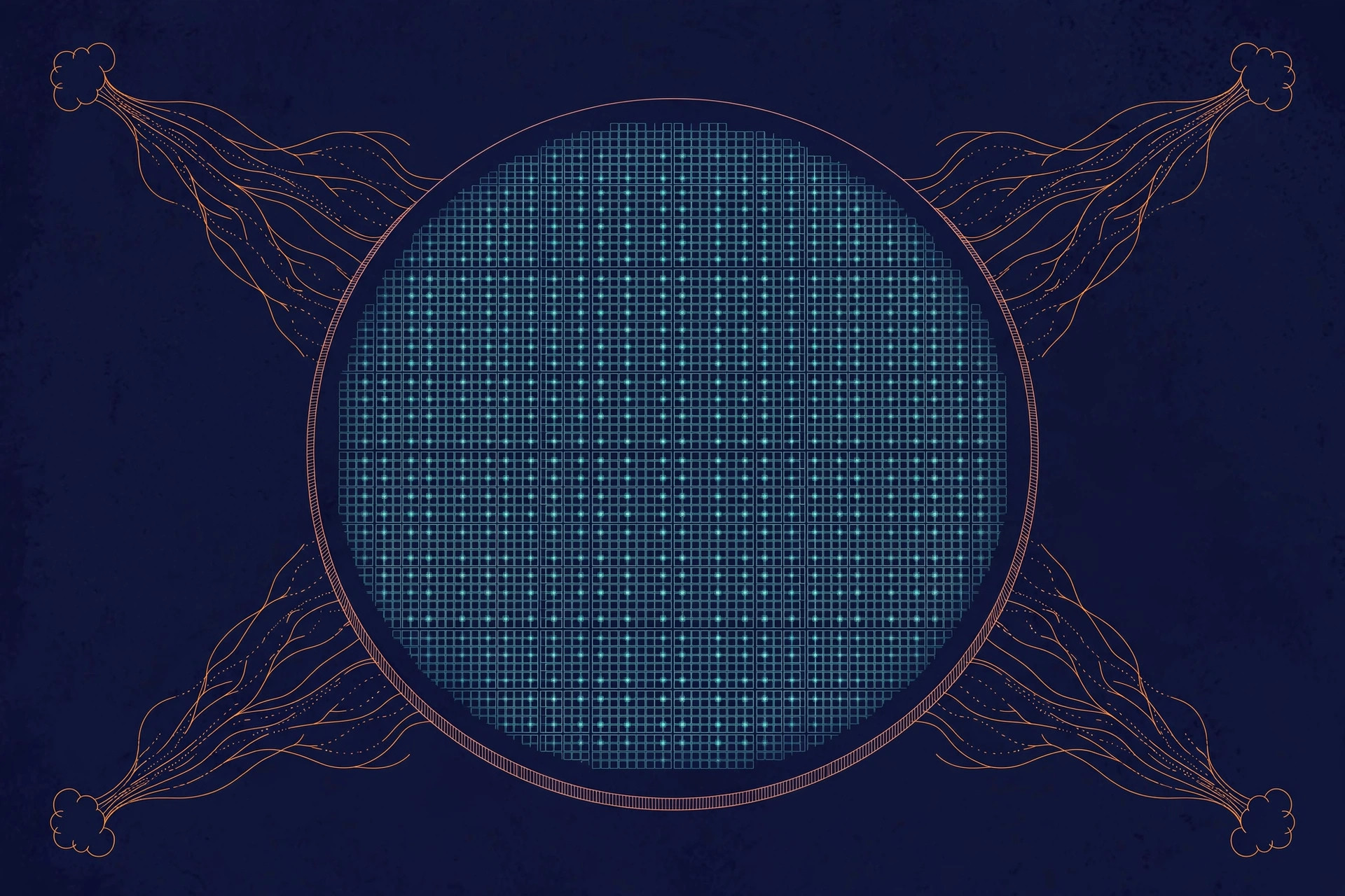 Giant silicon wafer etched with glowing processor cores, data streams flowing to clouds, orange and teal line art on dark navy