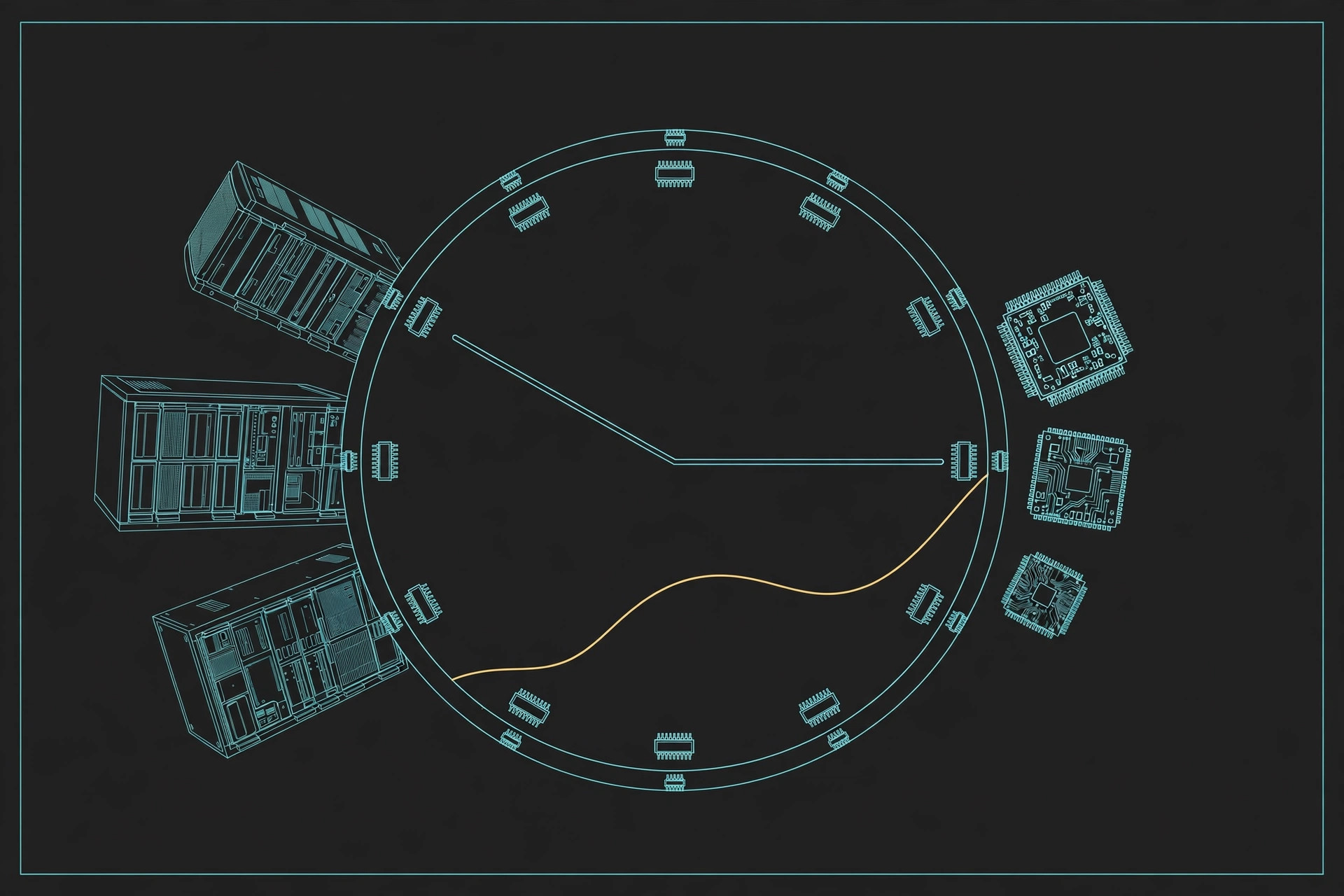 A clock face in fine teal line-art on a dark background, its tick marks shaped like CPU pins, bulky server towers on the left side of the dial giving way to compact custom chips on the right, a single gold line tracing the lower arc