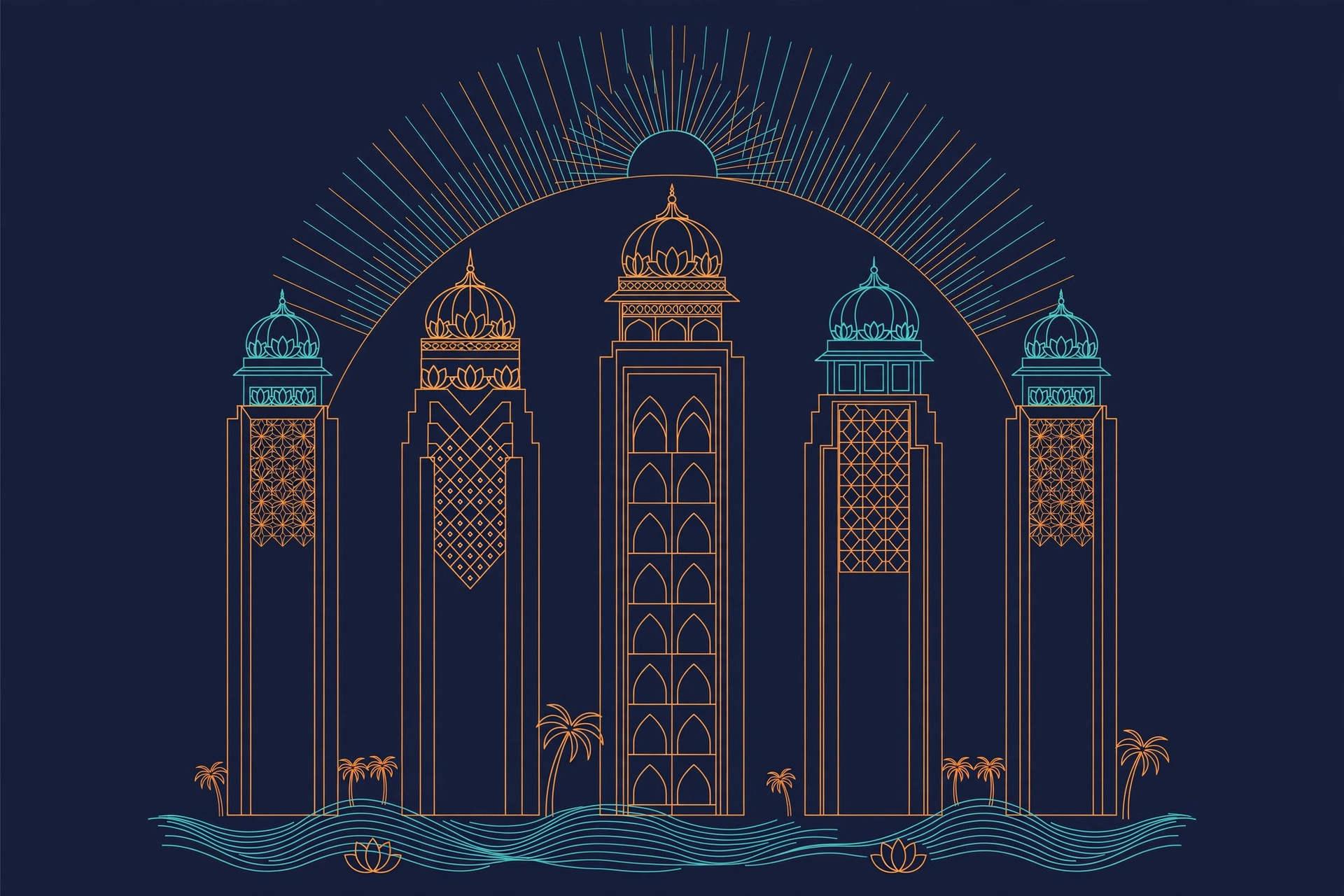 Five domed Indian hotel towers under a sunrise arc with palm trees and waves, orange and teal line art on dark navy