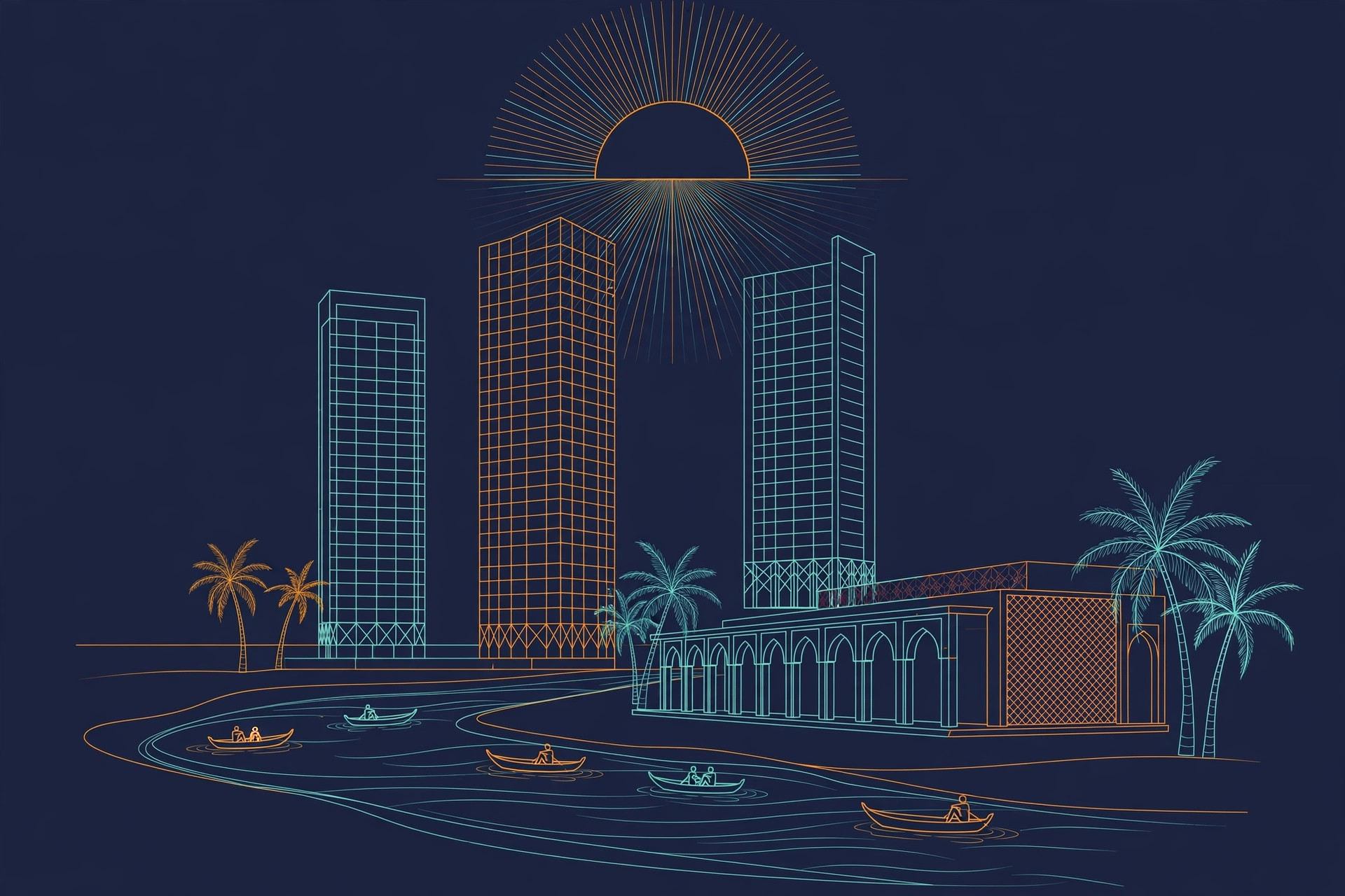 Modern luxury Indian hotel towers with palm trees beside a river at sunrise, boats on the water, orange and teal line art on dark navy