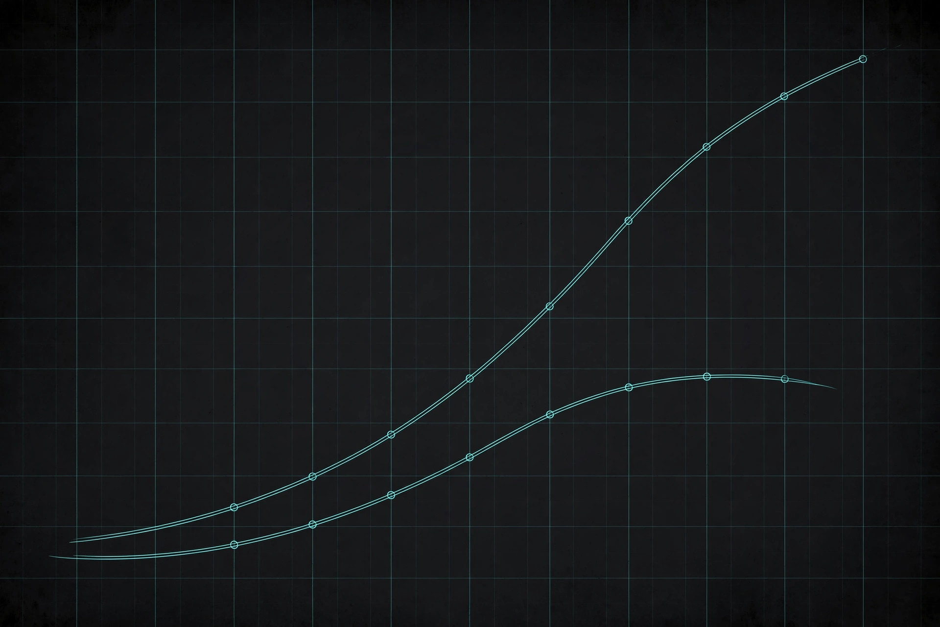 Two diverging teal earnings curves on dark charcoal