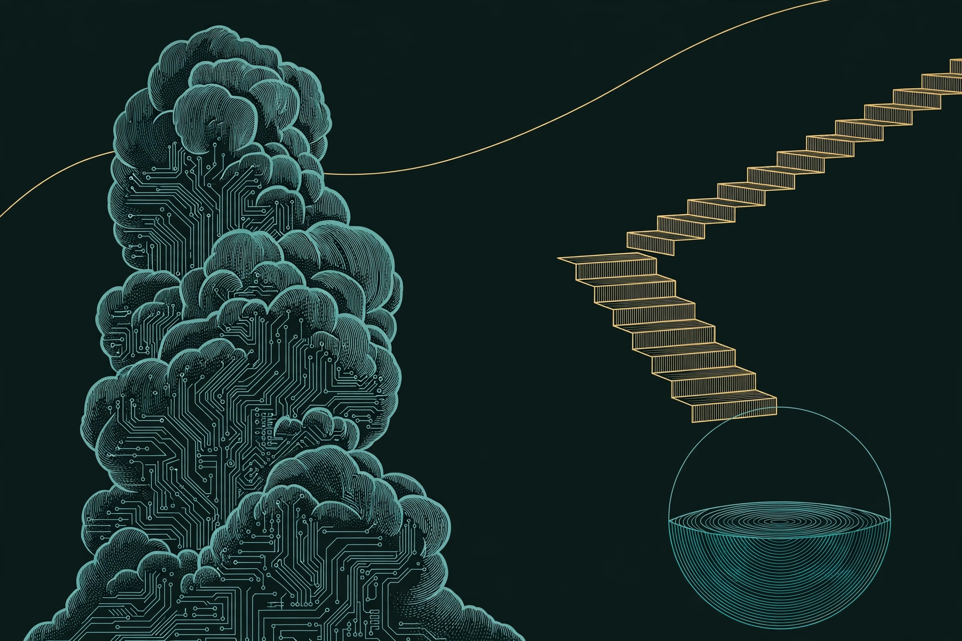 A towering cloud of fine teal line-art traced with circuit lines on a dark background, a gold staircase descending to a half empty reservoir of concentric teal rings, a single gold line rising behind