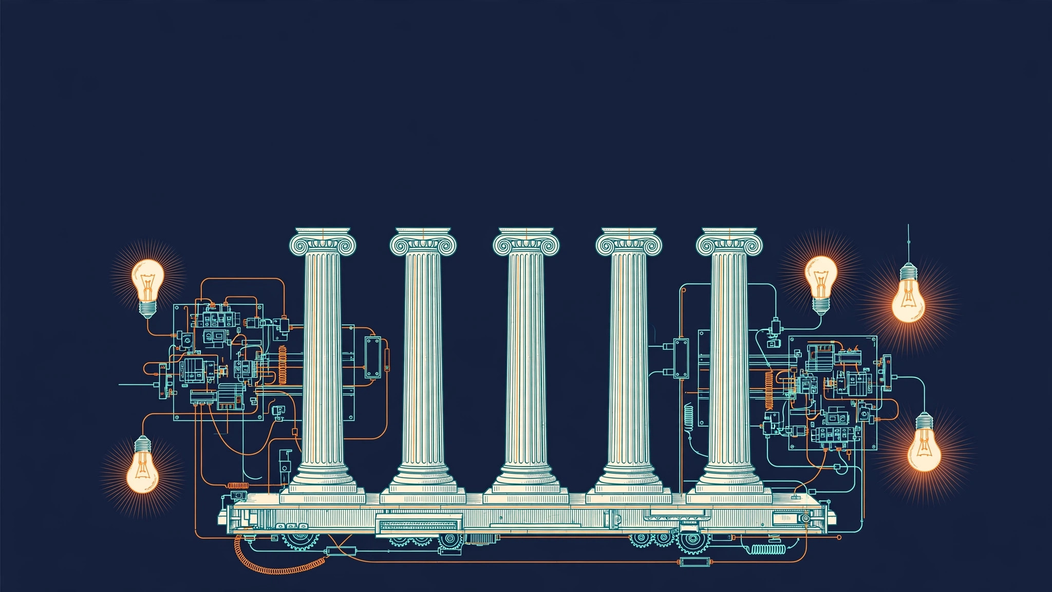 Five stone pillars with glowing light bulb and electrical cable curves, teal line art on dark navy
