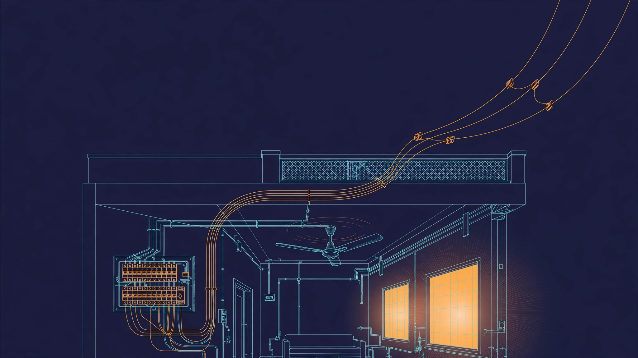 Modern Indian home at dusk with glowing windows, copper electrical wires flowing overhead, teal and orange line art on dark navy