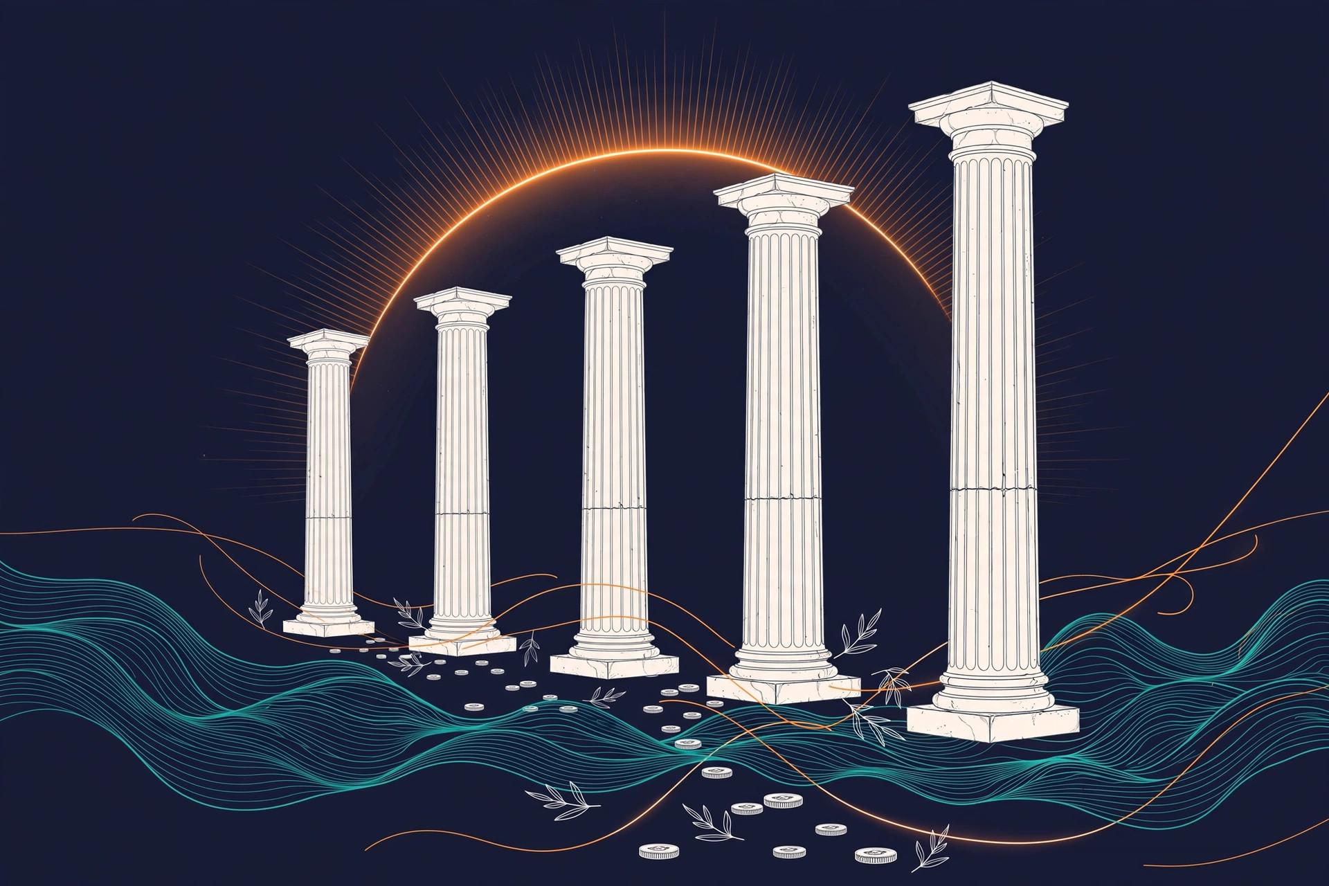 Five stone columns of increasing height under a sunrise arc with teal waves and scattered coins, orange and teal line art on dark navy