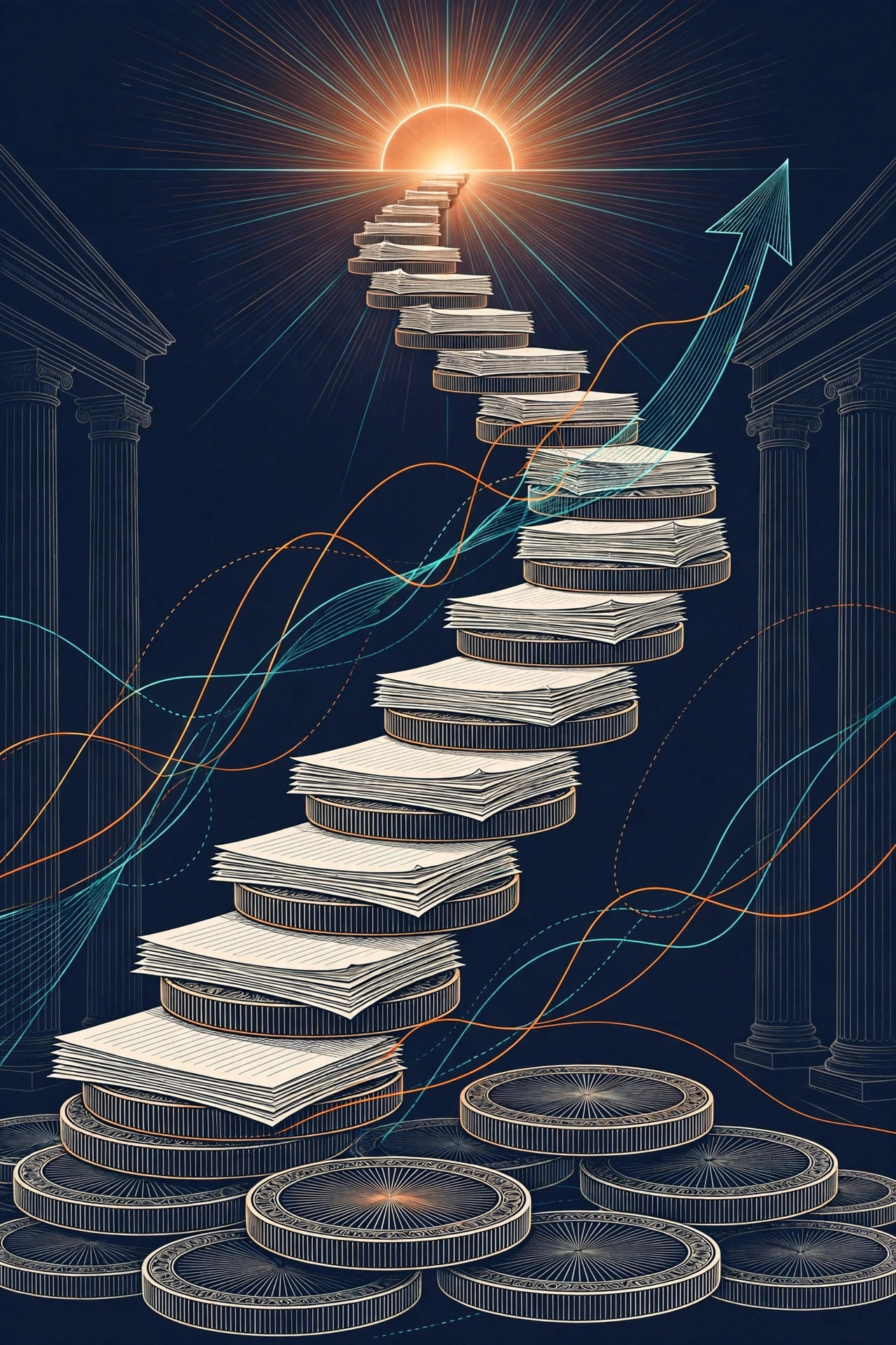 Rising staircase of coins and ledger pages ascending toward a sunrise with bank-like columns, orange and teal line art on dark navy