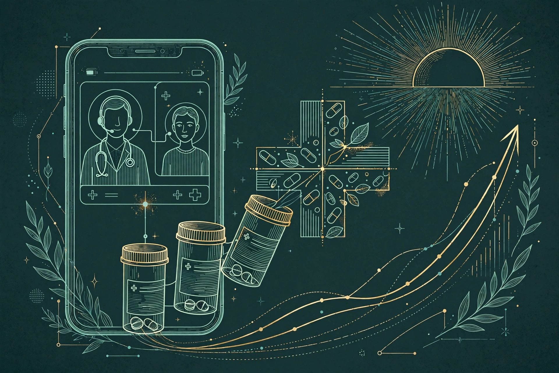 A smartphone telehealth consult with prescription bottles becoming a branded pharmacy cross under a rising sun, teal line art on deep green