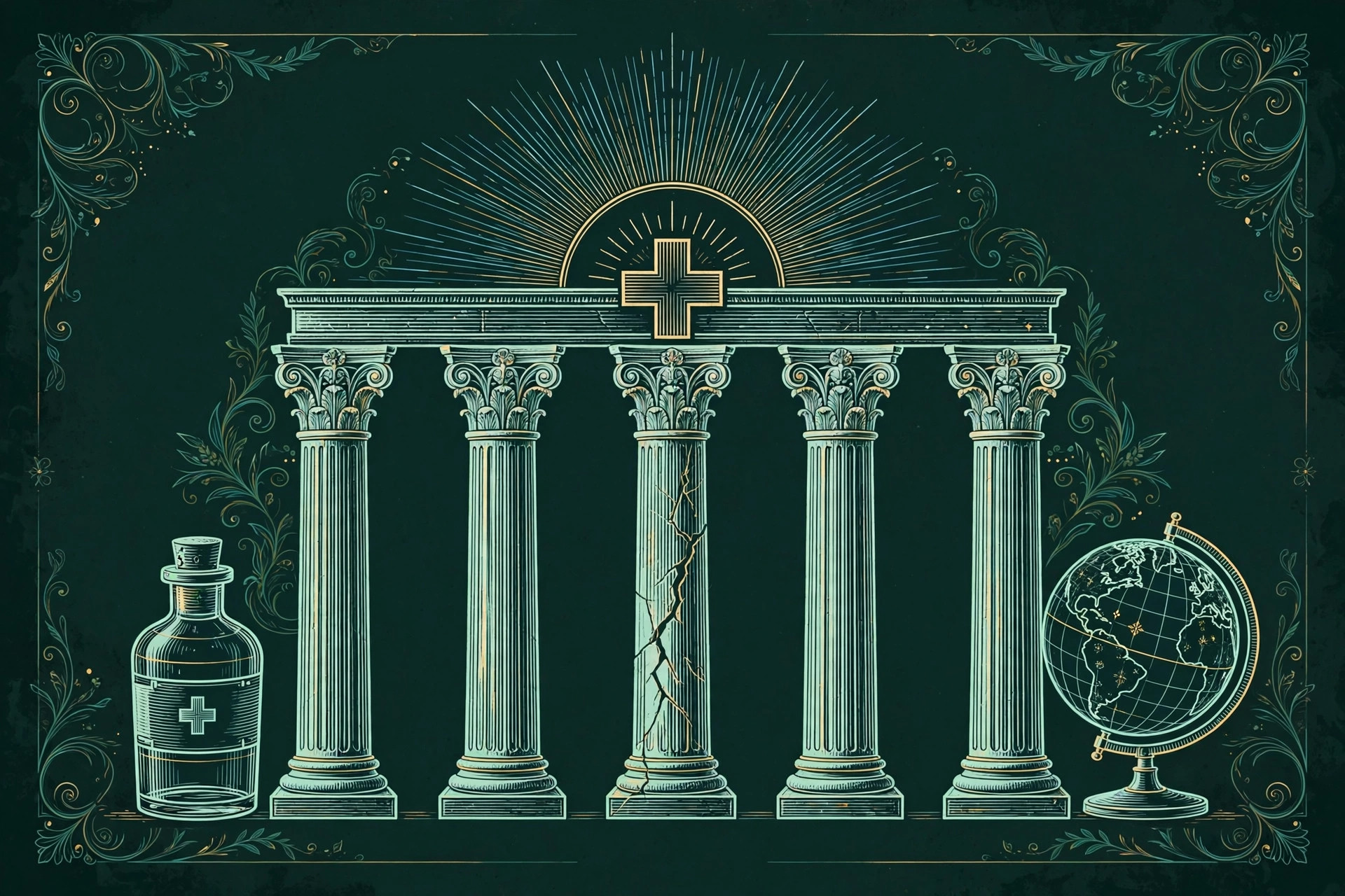 Five stone pillars holding a medical cross and rising sun, one pillar cracked, teal line art on deep green