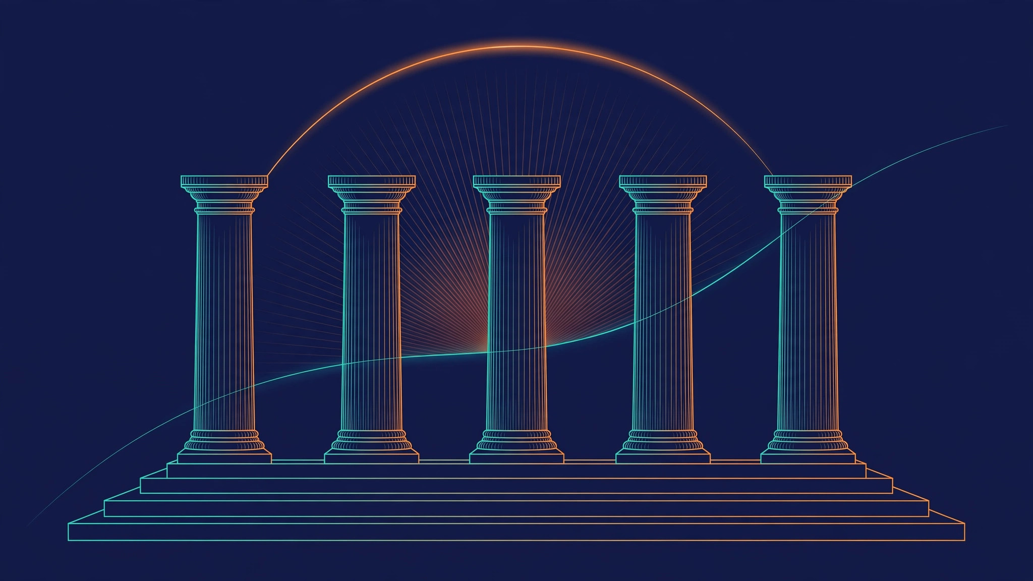 Five stone columns in orange and teal line art under a sunrise arc on dark navy