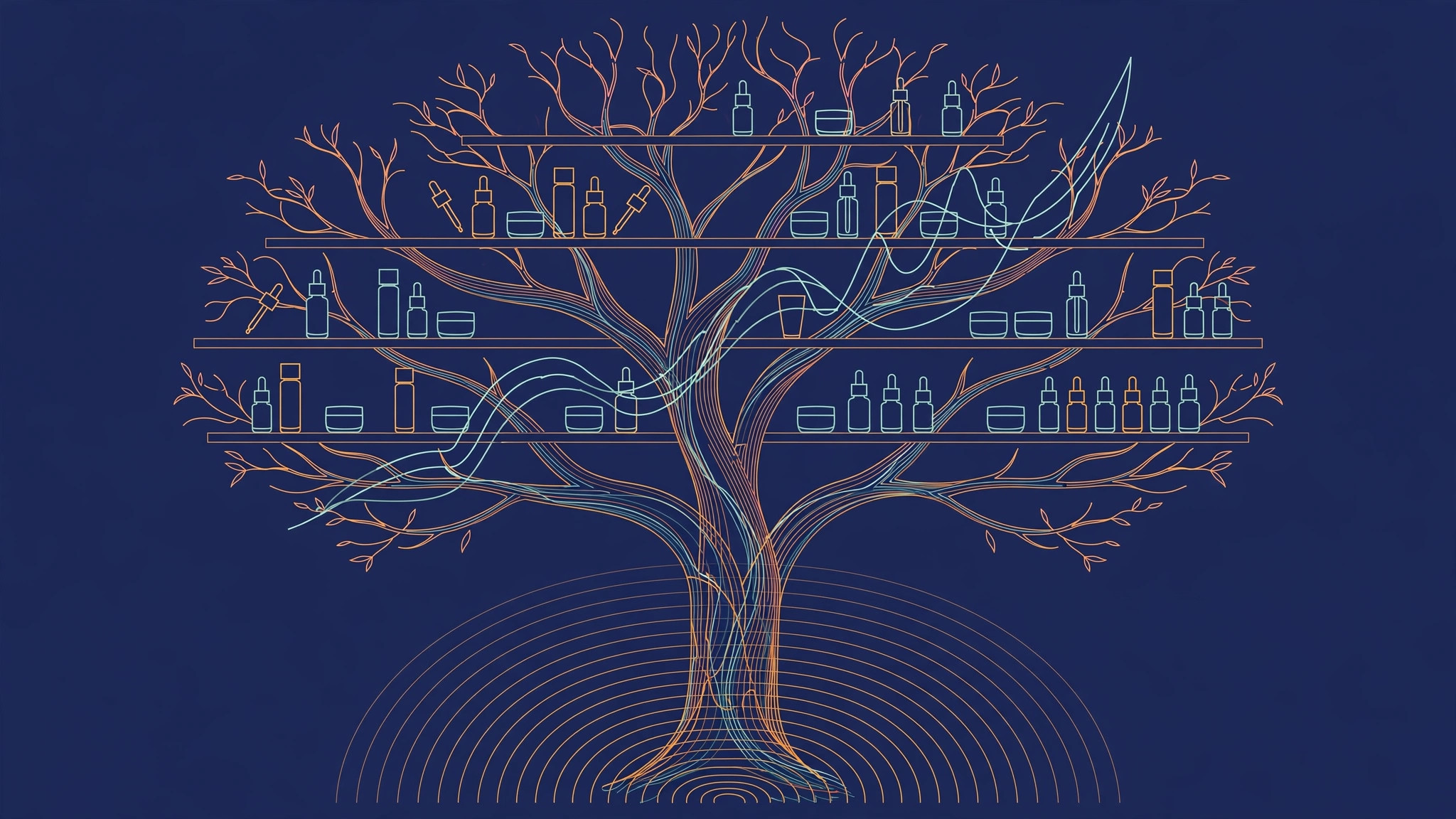 Tree of cosmetic bottles and serums in orange and teal line art on dark navy
