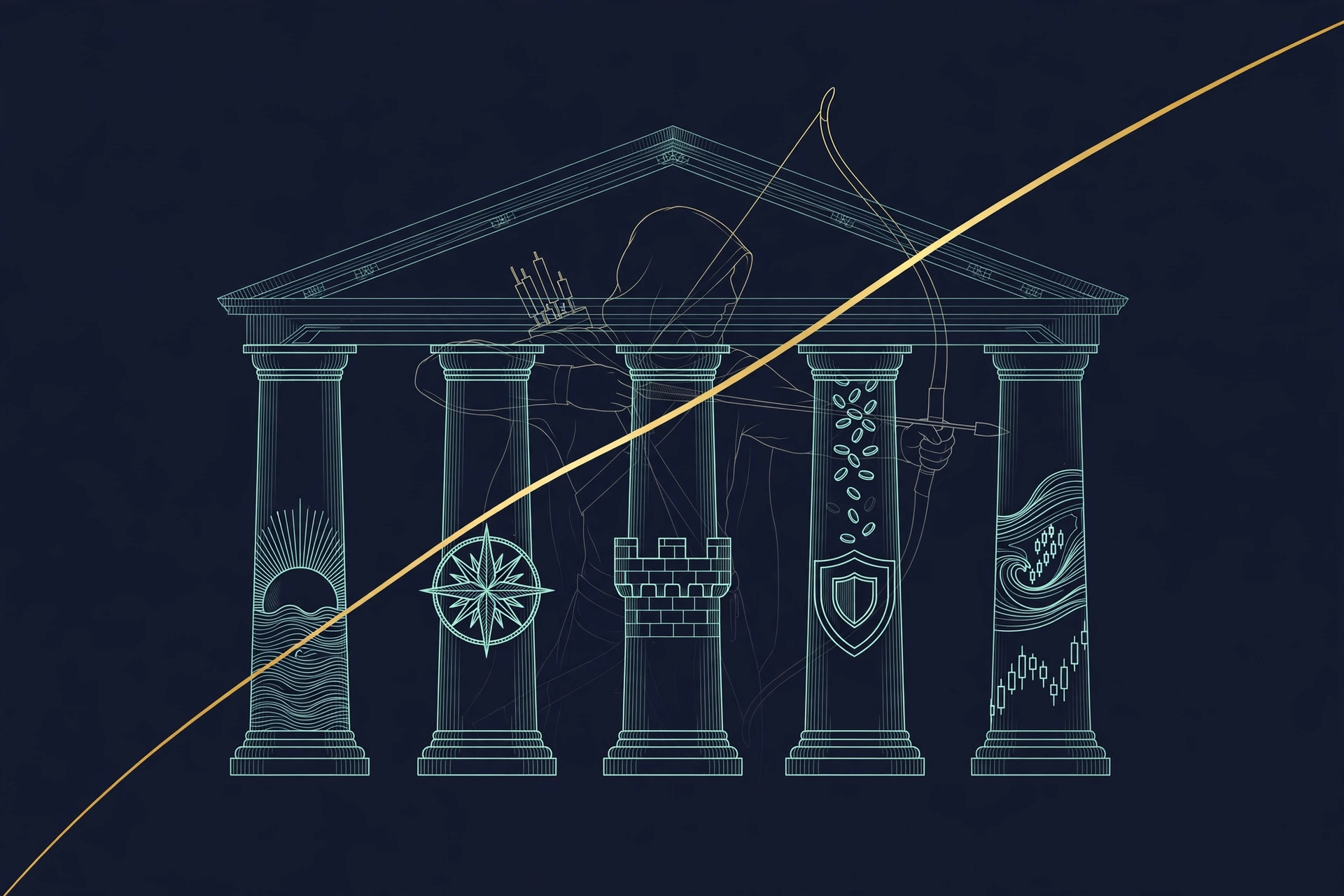 Five carved stone pillars with a hooded archer behind them and a single gold sweep line crossing the columns, teal line art on dark green