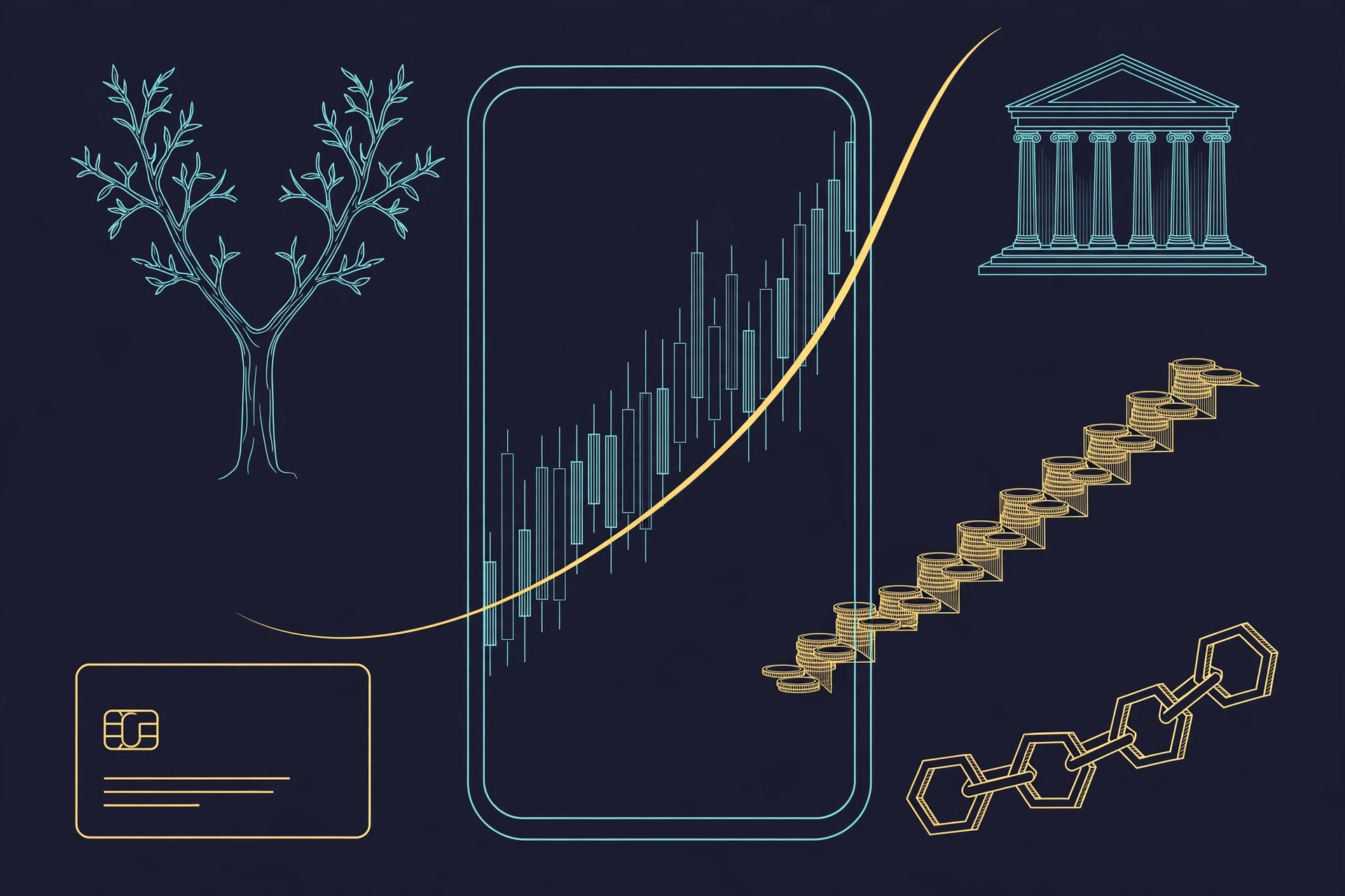 A smartphone showing a candlestick chart beside a growing tree, a bank facade, a gold card and a staircase of coins linked by a chain, teal line art on dark green